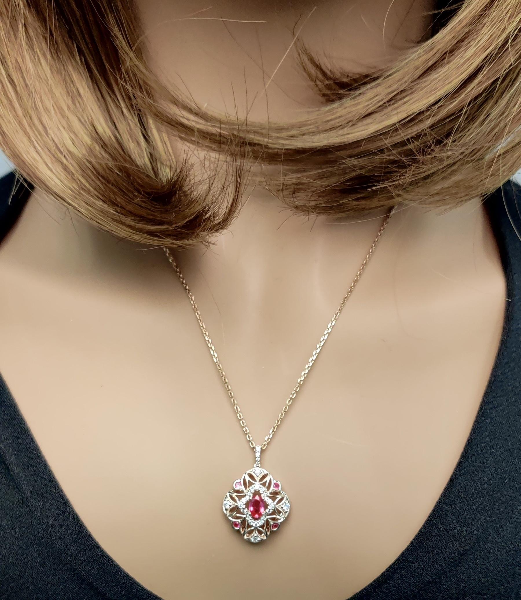 Natural Oval Red Ruby and White Diamond 1.09 Carat TW Gold Drop Pendant