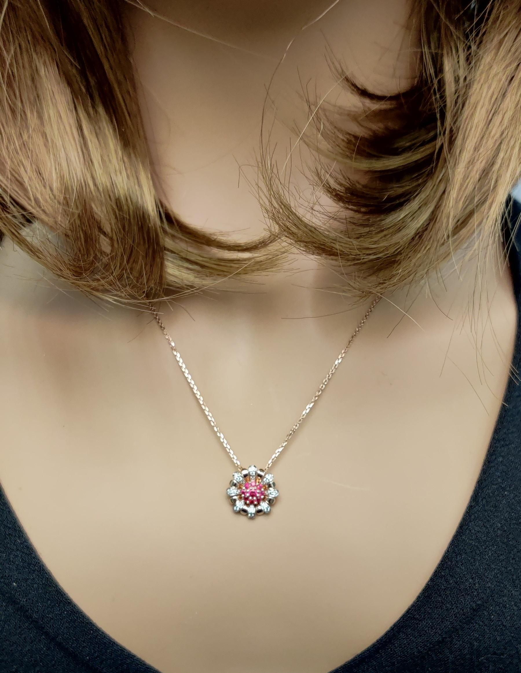 Natural Round Red Ruby and White Diamond .31 Carat TW Rose Gold Pendant