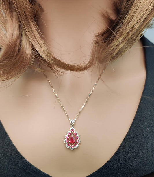 Natural Pear Red Ruby and White Diamond 1.36 Carat TW Gold Drop Pendant