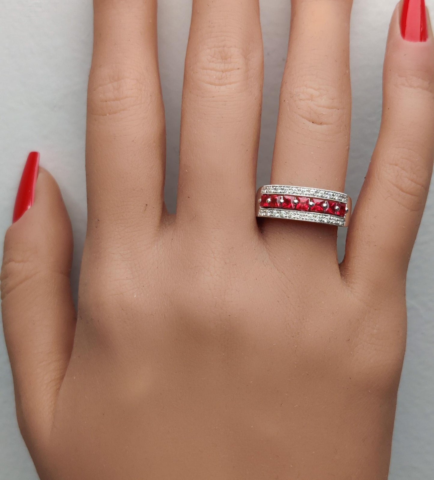 Natural Red Princess Ruby and White Diamond .96 Carat TW Gold Cocktail Band