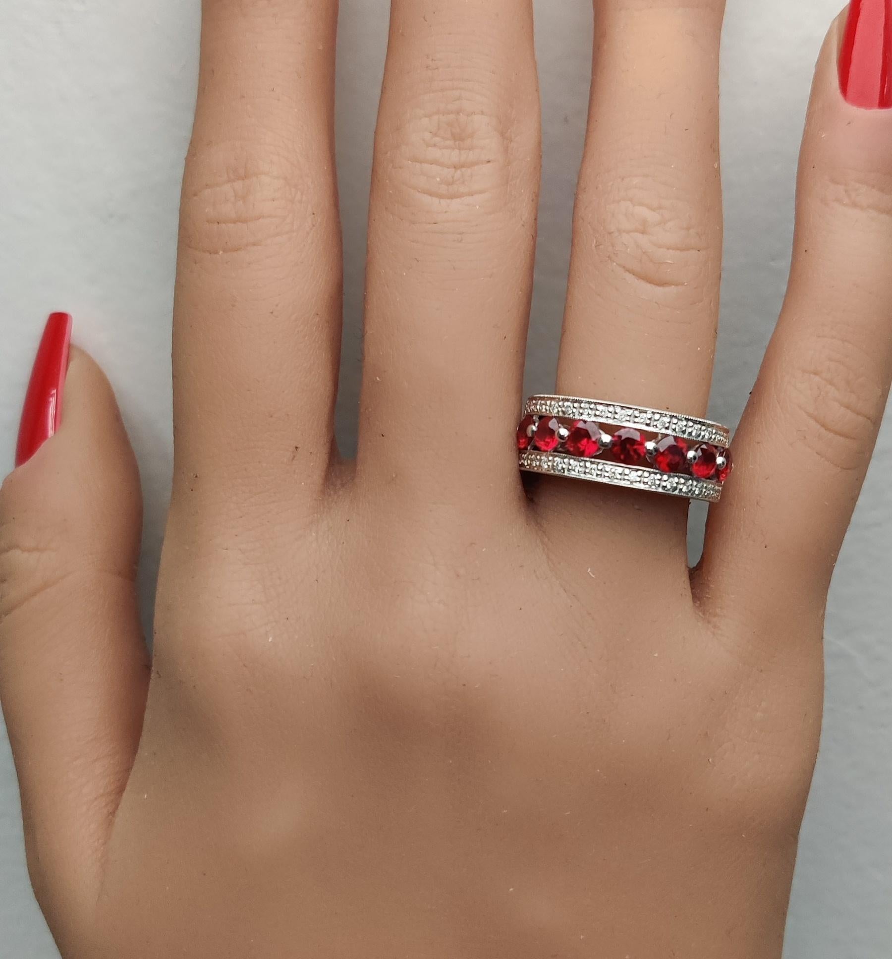 Natural Red Round Ruby and White Diamond 1.69 Carat TW Gold Cocktail Band
