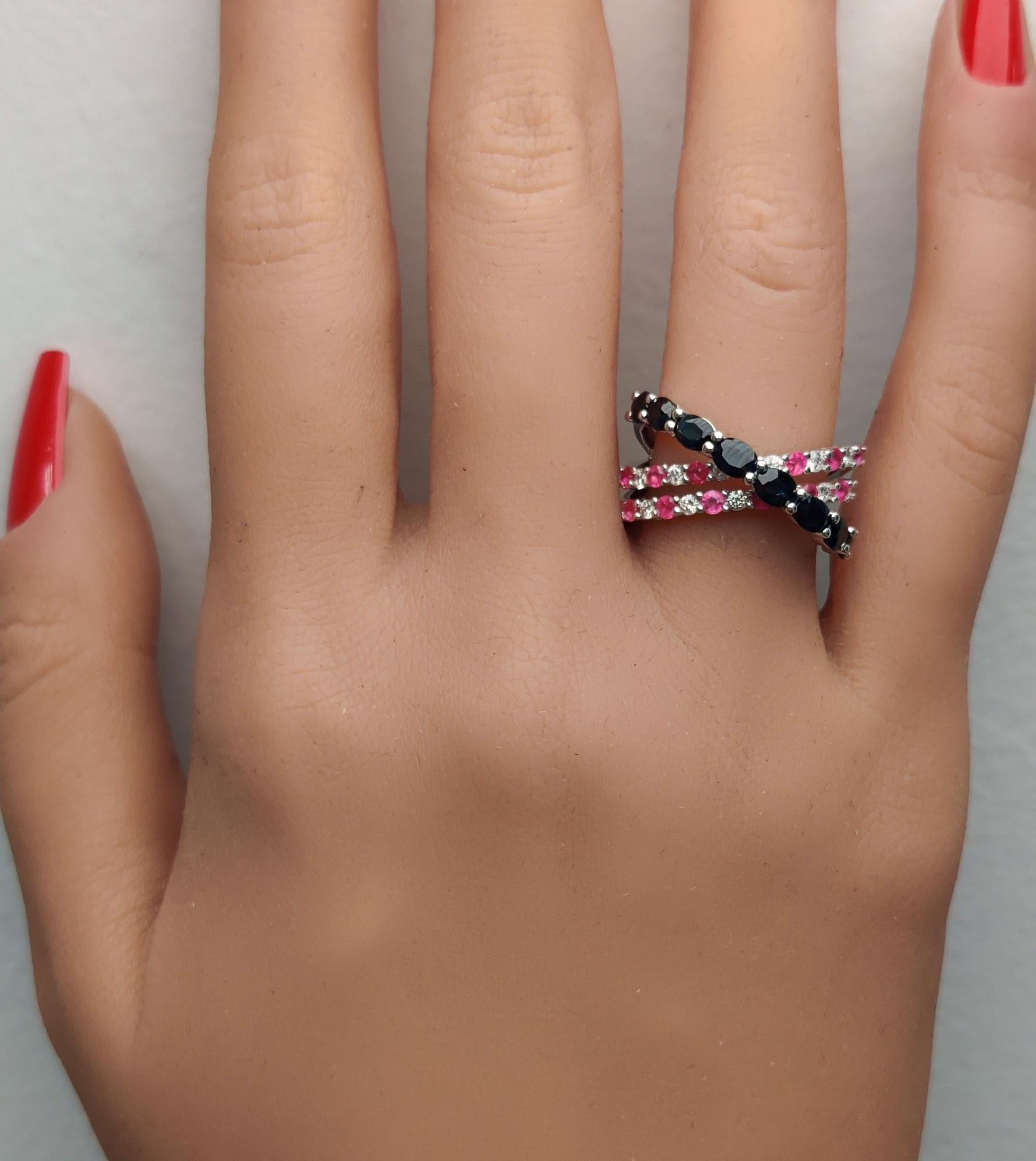 Natural Oval Sapphire and Diamond and Ruby 2.84 Carat TW Gold Cocktail Band