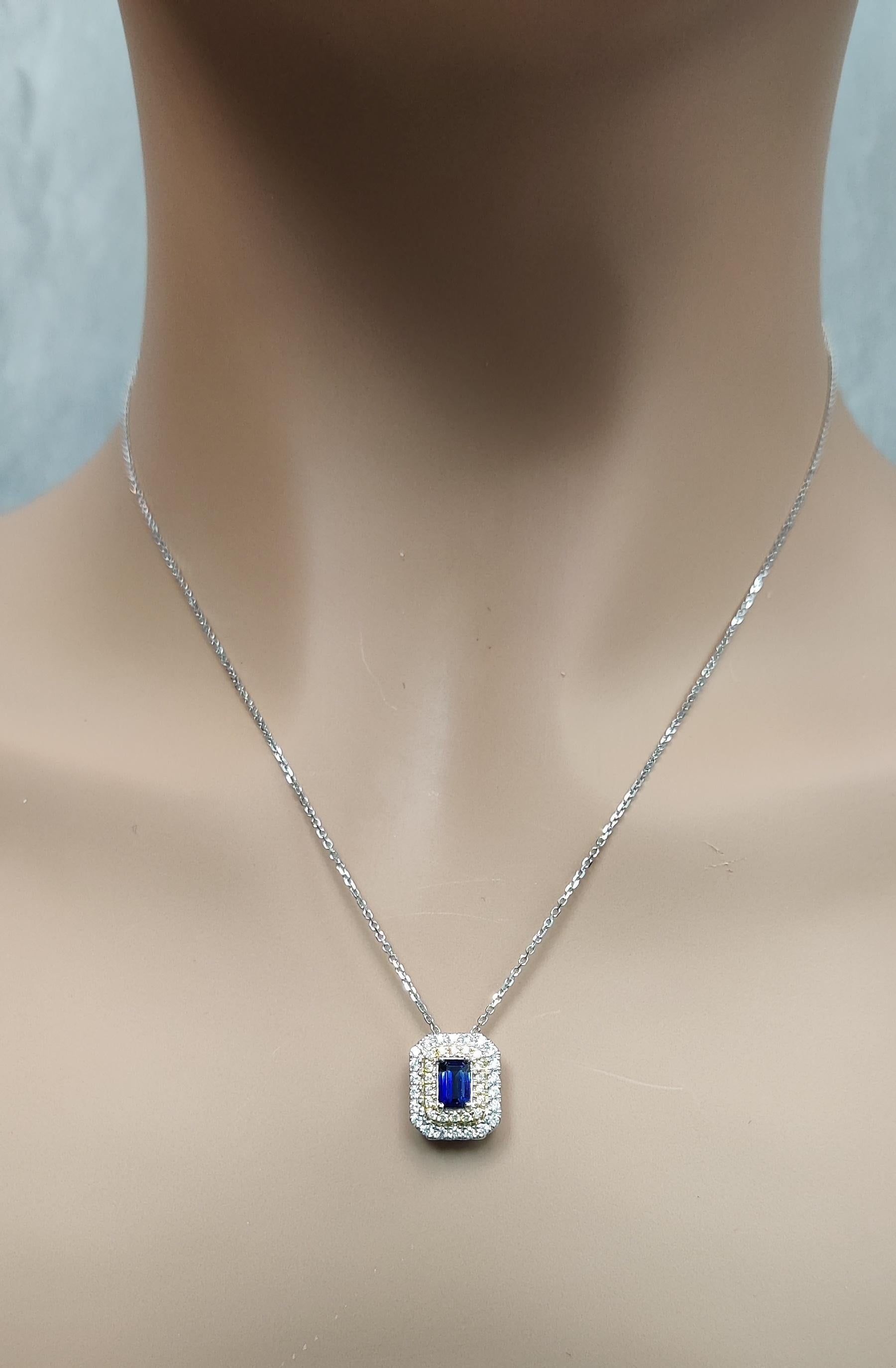Natural Blue Emerald Cut Sapphire and Diamond 1.05 Carat TW Drop Pendant
