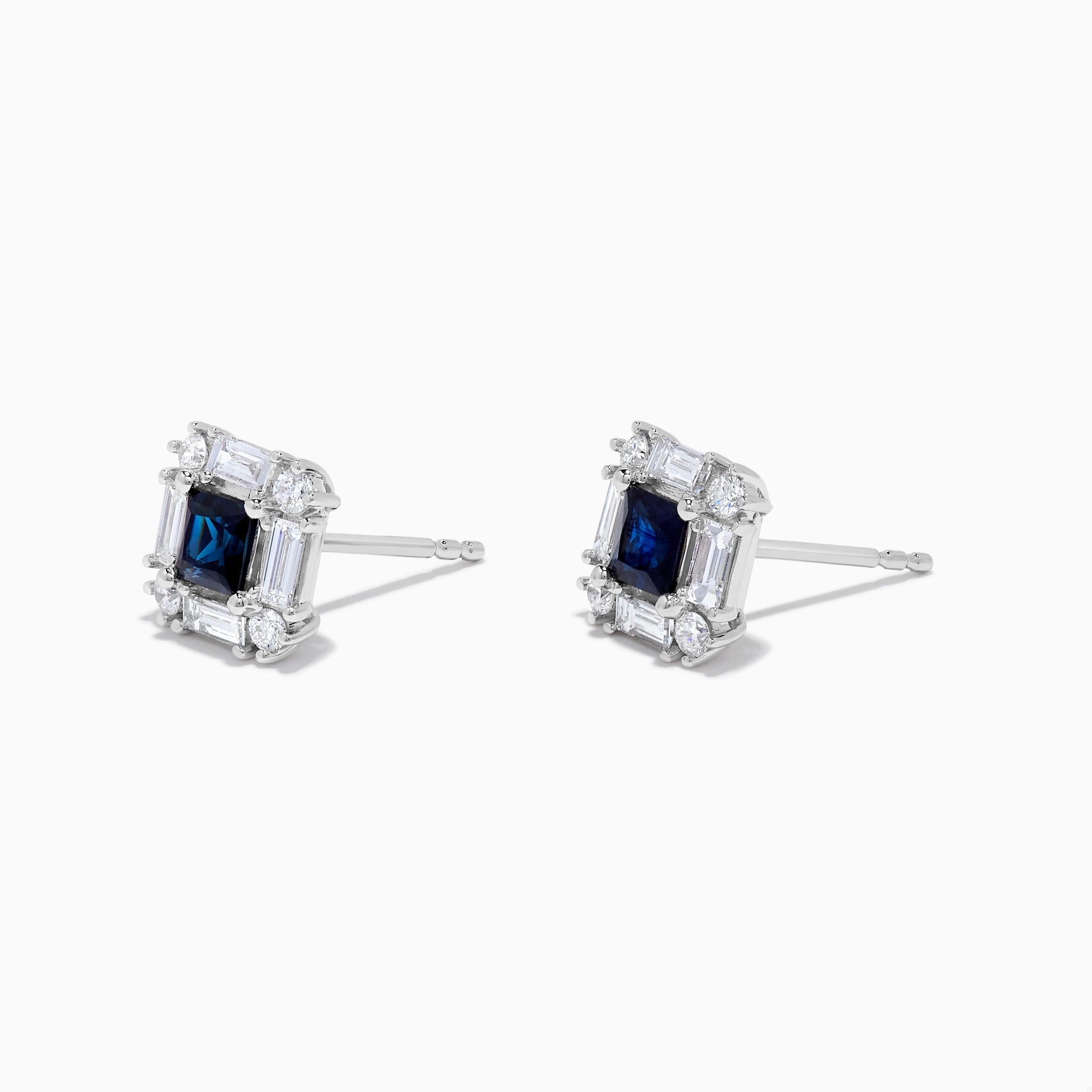 Natural Blue Princess Sapphire and White Diamond 1.4 Carat TW Gold Stud Earrings