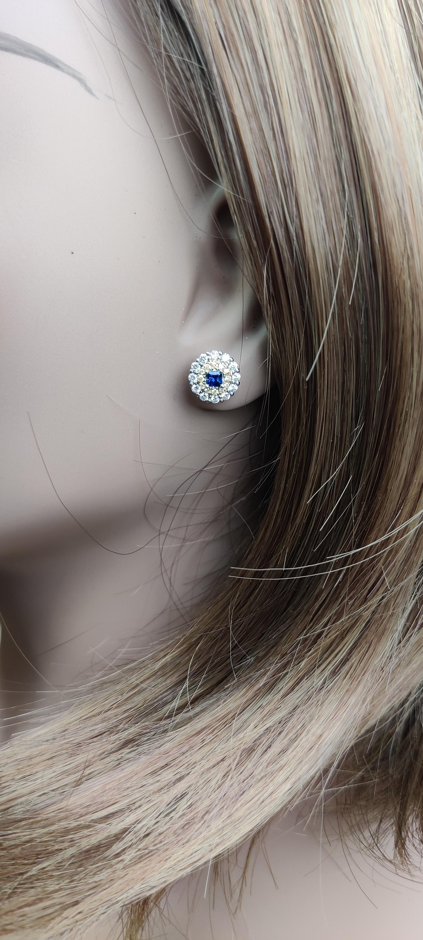 Natural Blue Princess Sapphire and Diamond 1.05 Carat TW Gold Stud Earrings