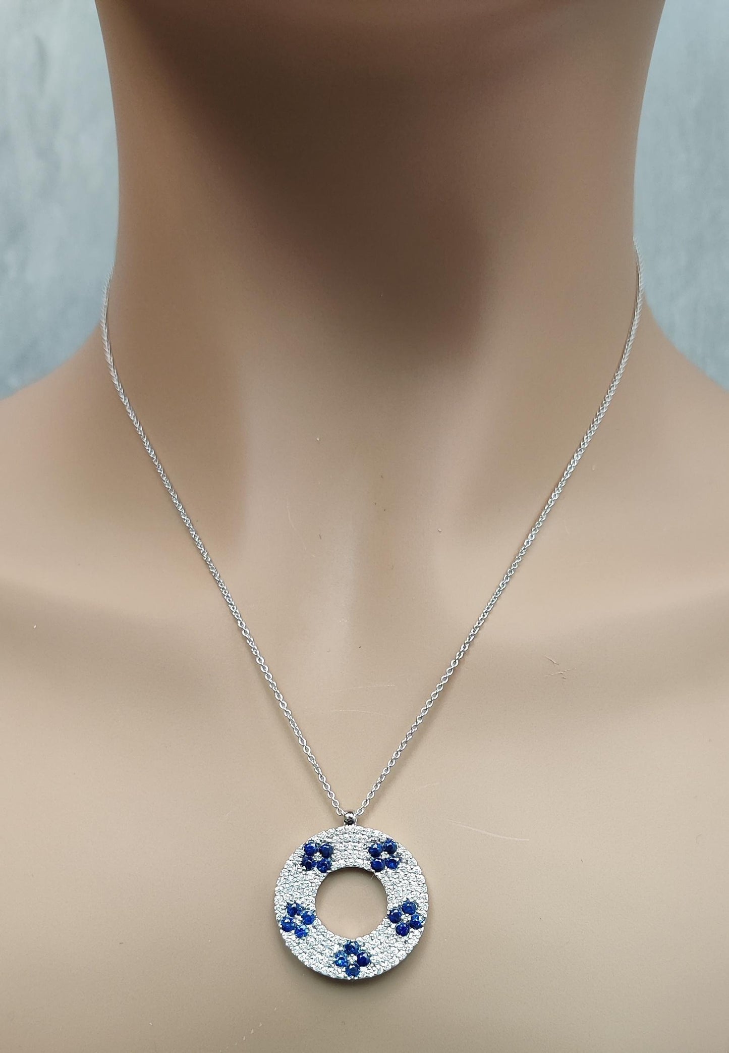 Natural Blue Round Sapphire and White Diamond 2.31 Carat TW White Gold Necklace