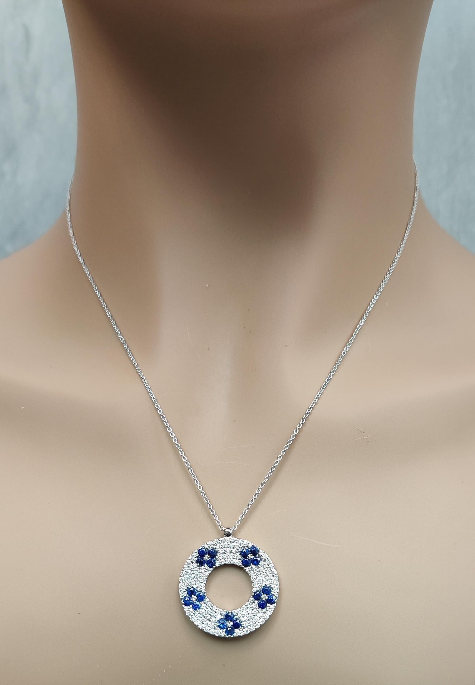 Natural Blue Round Sapphire and White Diamond 2.31 Carat TW White Gold Necklace