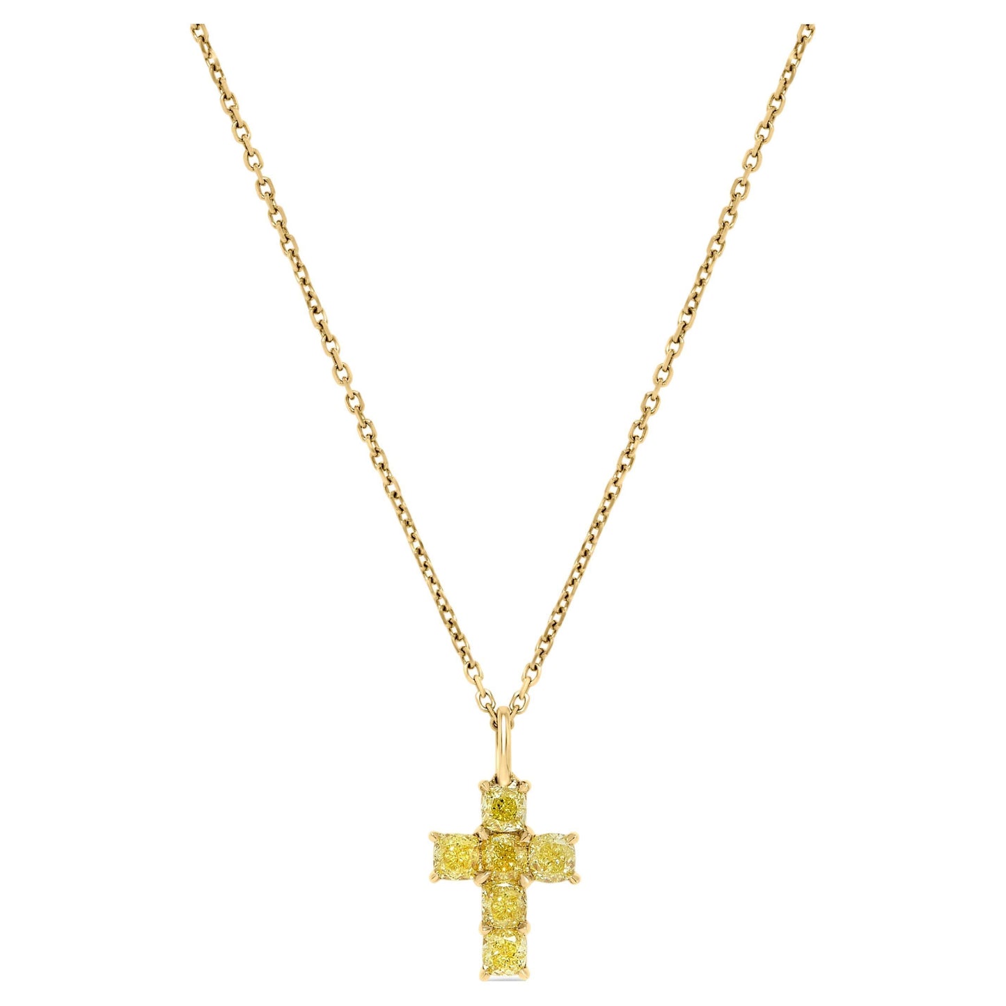 Natural Yellow Cushion Diamond 1.16 Carat TW Yellow Gold Cross Pendant