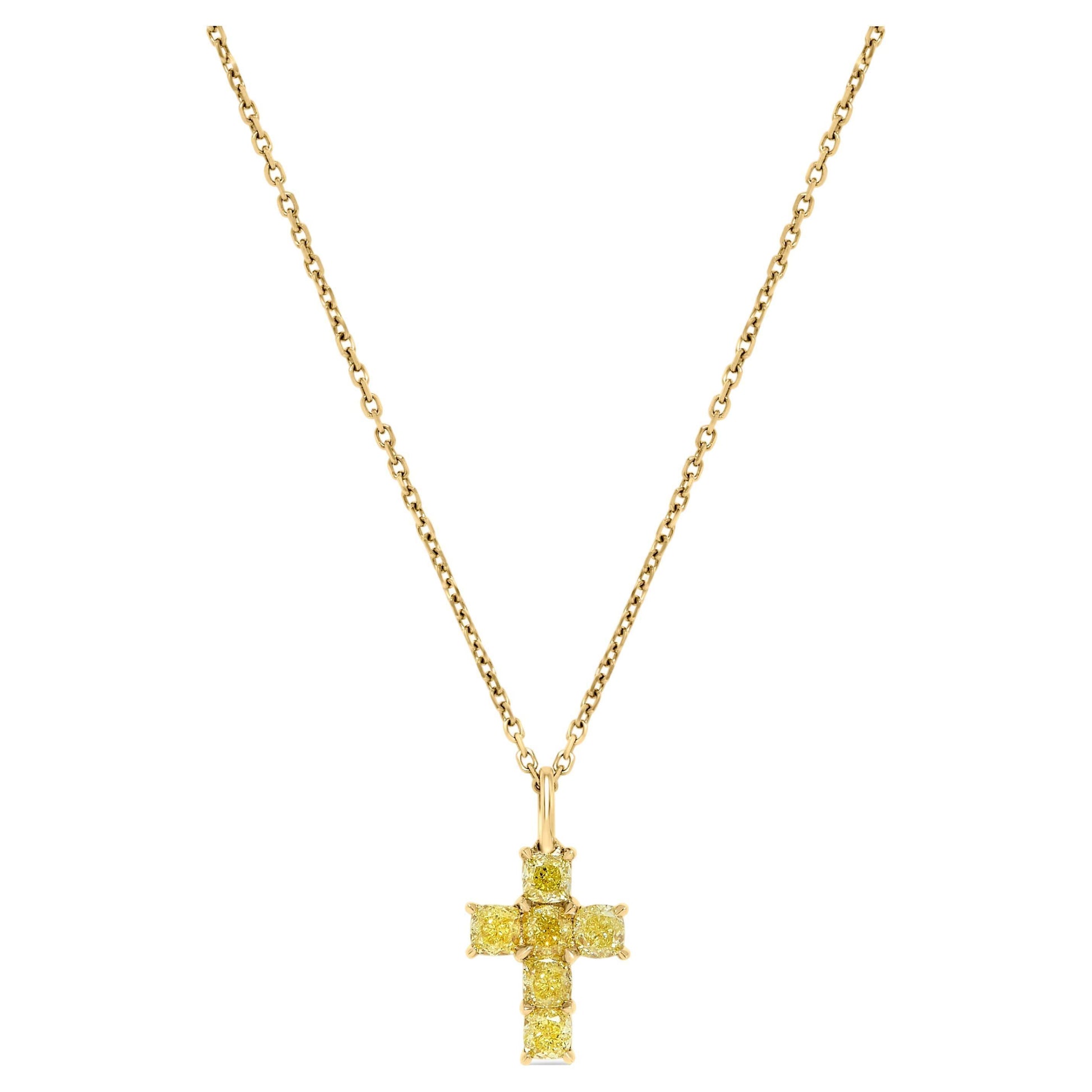 Natural Yellow Cushion Diamond 1.16 Carat TW Yellow Gold Cross Pendant