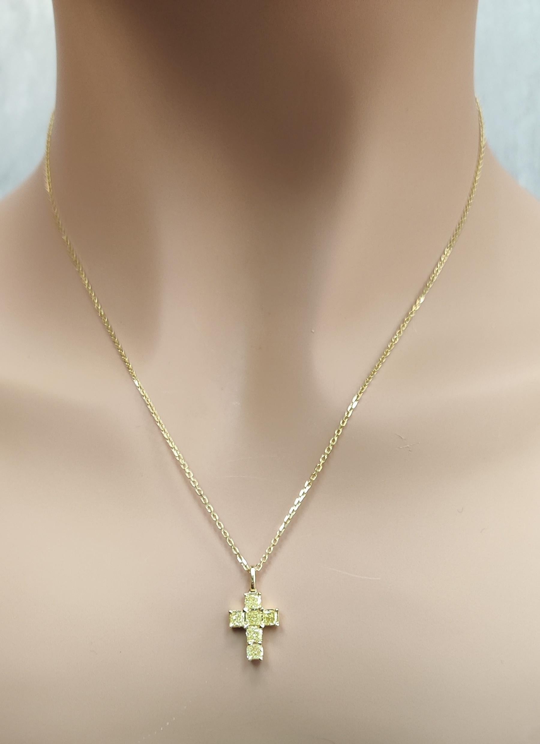 Natural Yellow Cushion Diamond 1.16 Carat TW Yellow Gold Cross Pendant