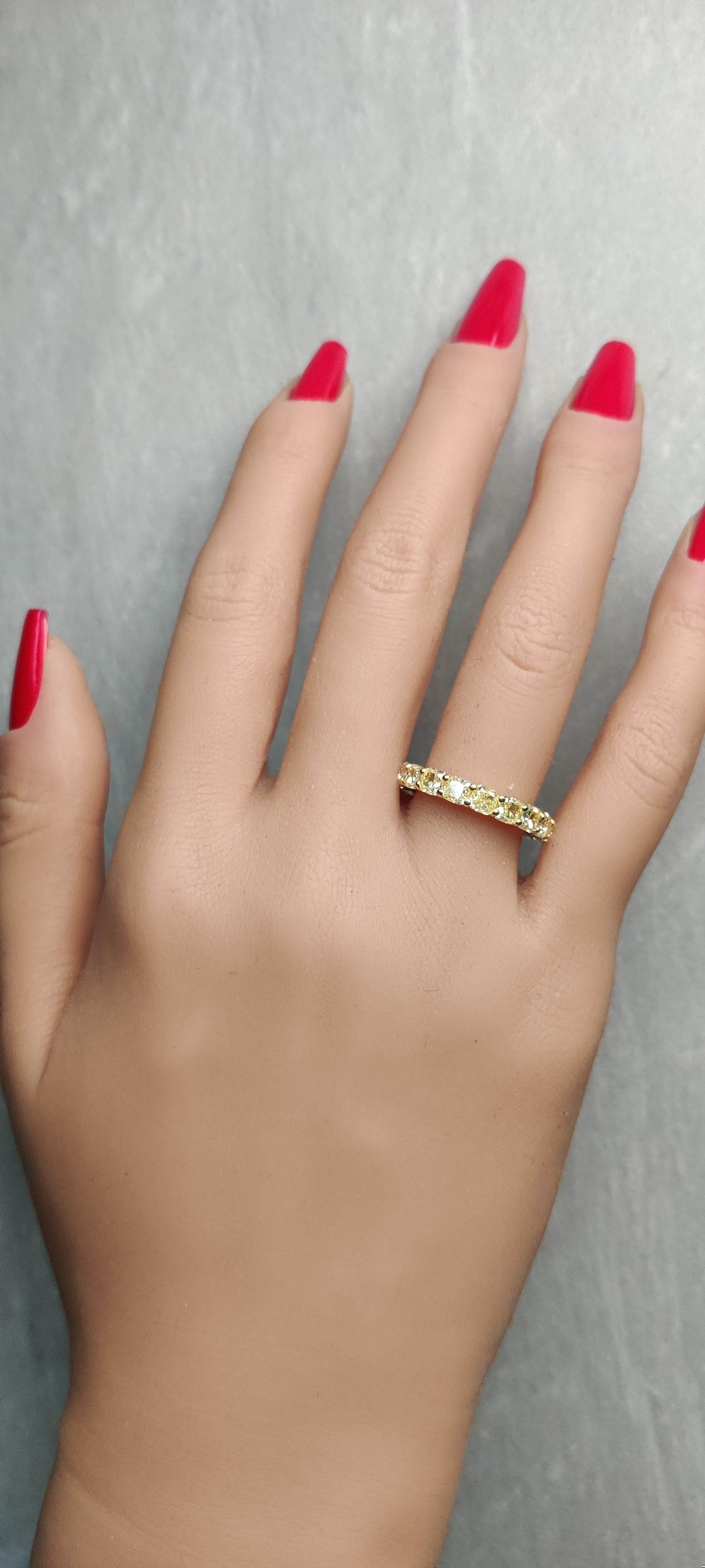 Natural Yellow Cushion Diamond 5.61 Carat TW Yellow Gold Eternity Band