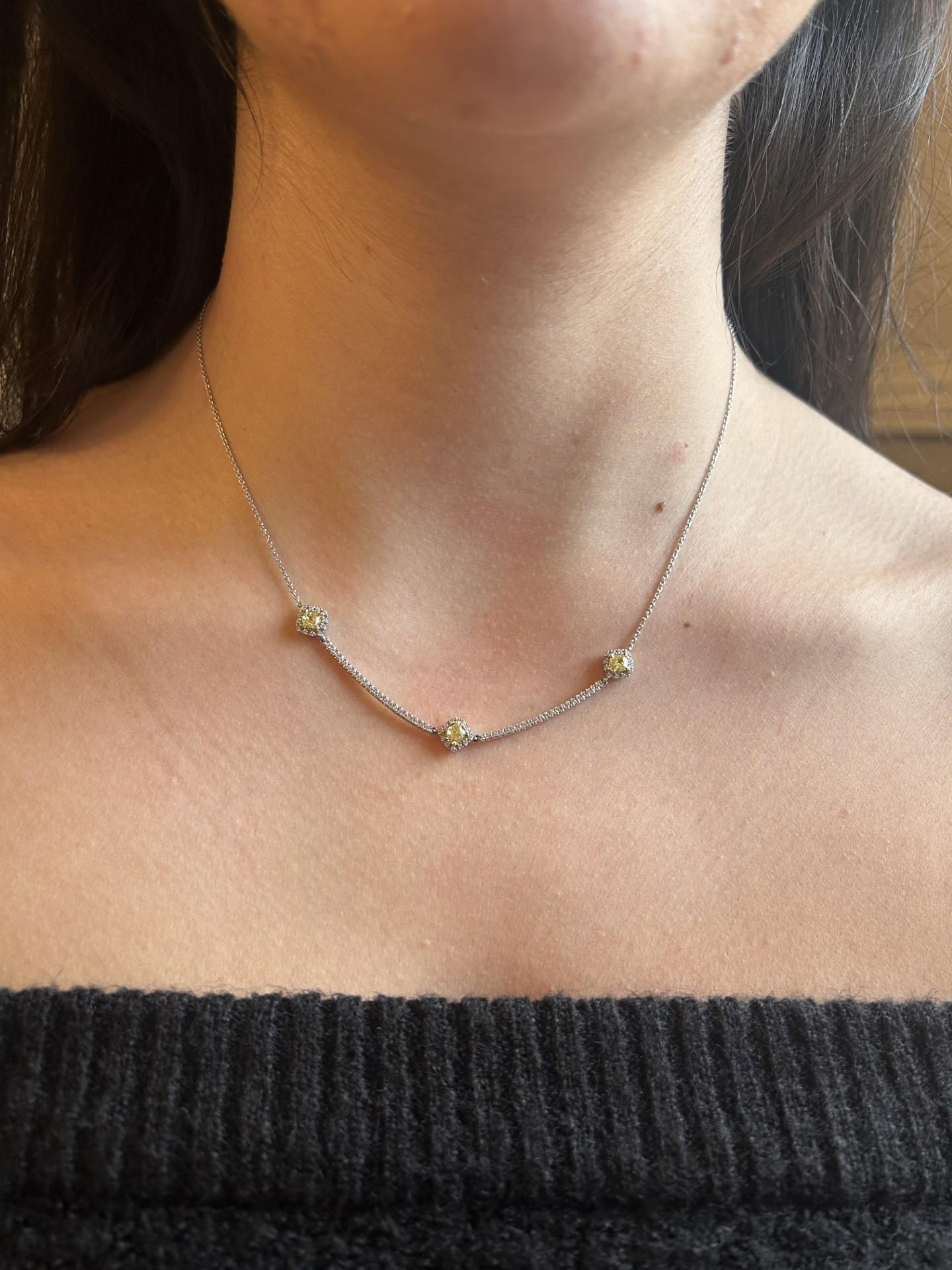 Natural Yellow Cushion and White Diamond 1.11 Carat Tw Gold Drop Necklace