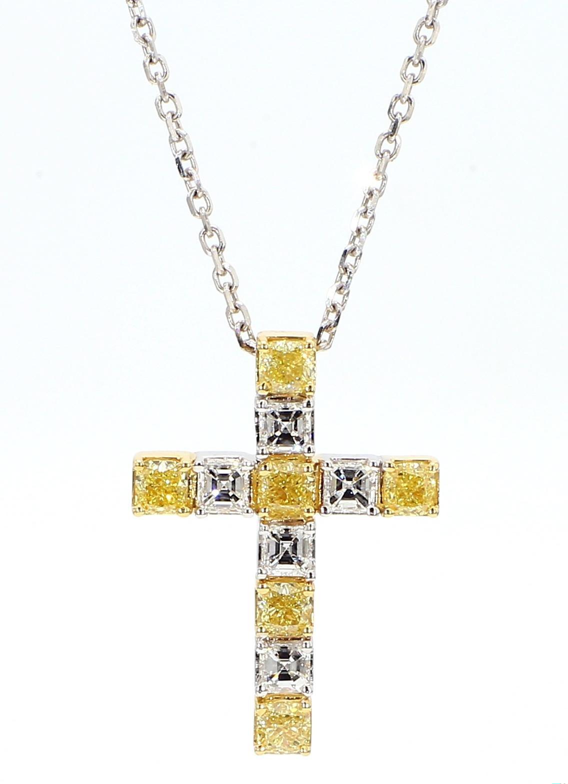 Natural Yellow Cushion and White Diamond 1.48 Carat TW Gold Cross Pendant