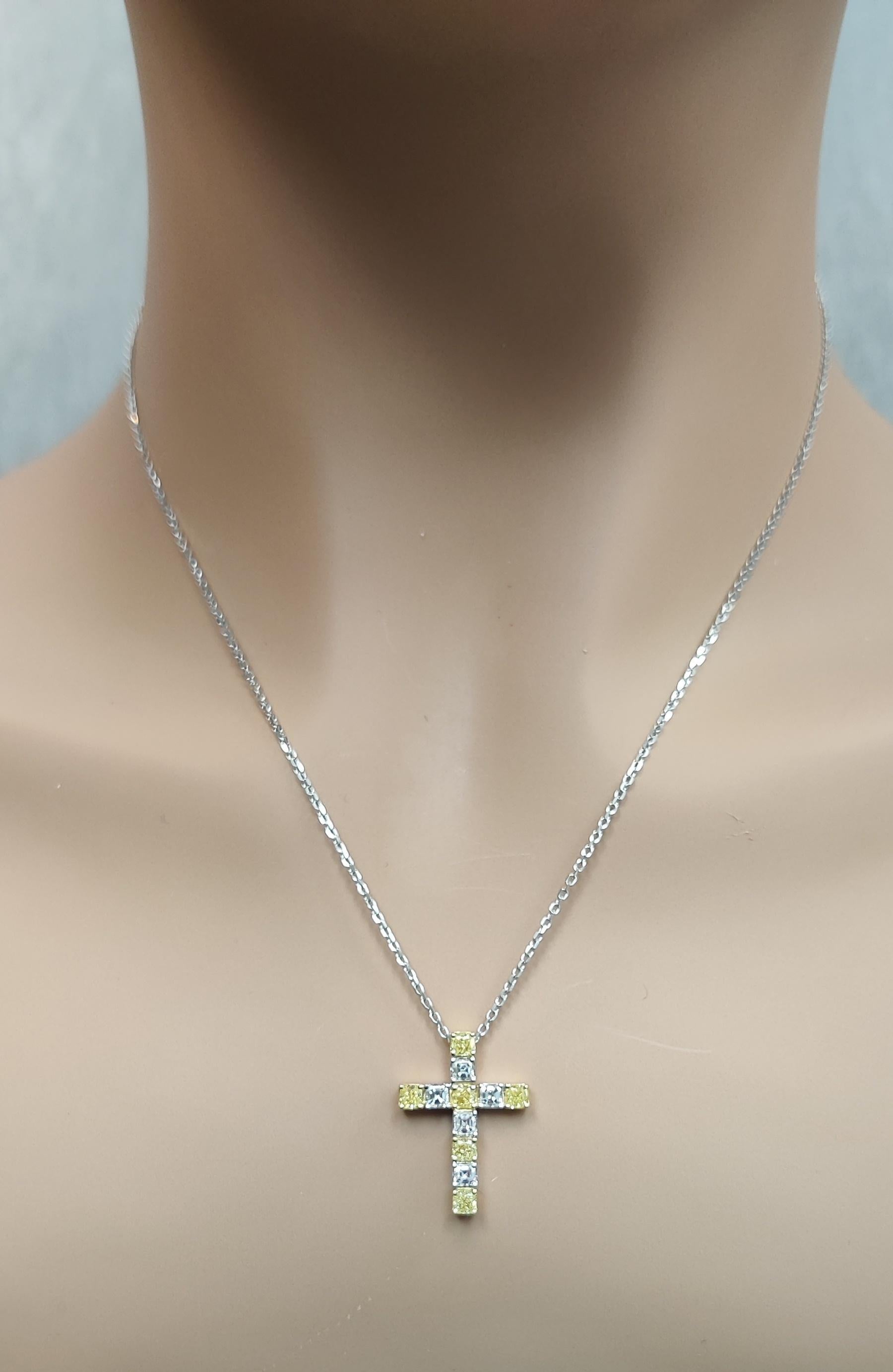Natural Yellow Cushion and White Diamond 1.50 Carat TW Gold Cross Pendant