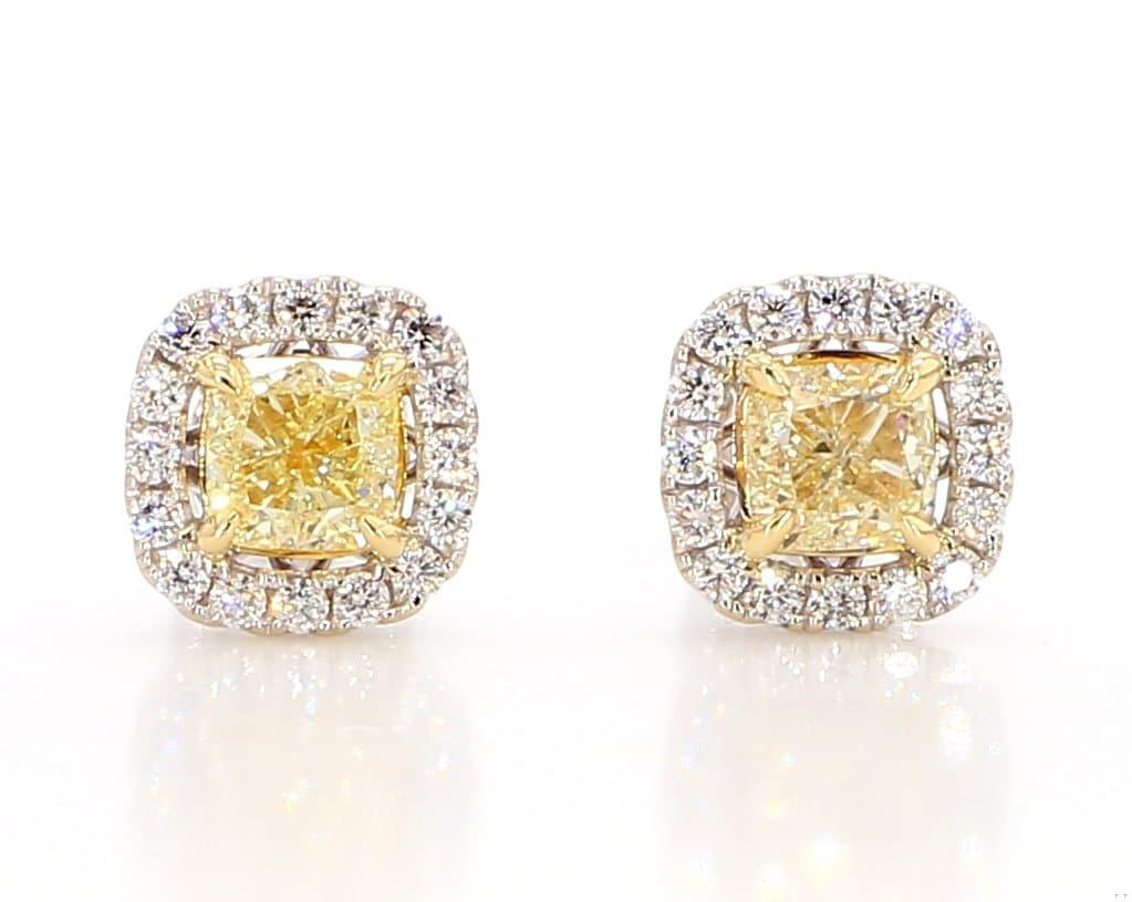 Natural Yellow Cushion and White Diamond 1.74 Carat TW Gold Stud Earrings