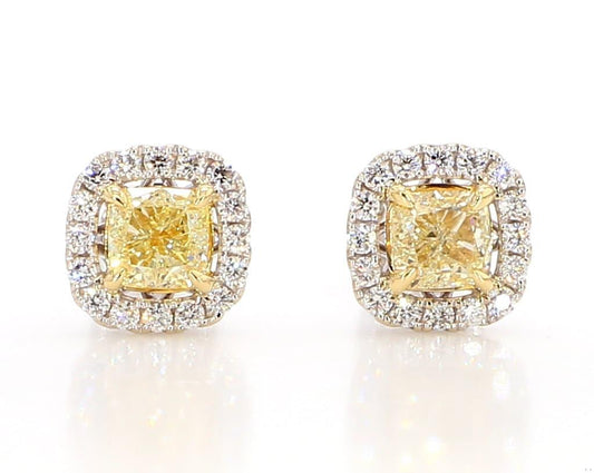 Natural Yellow Cushion and White Diamond 1.74 Carat TW Gold Stud Earrings