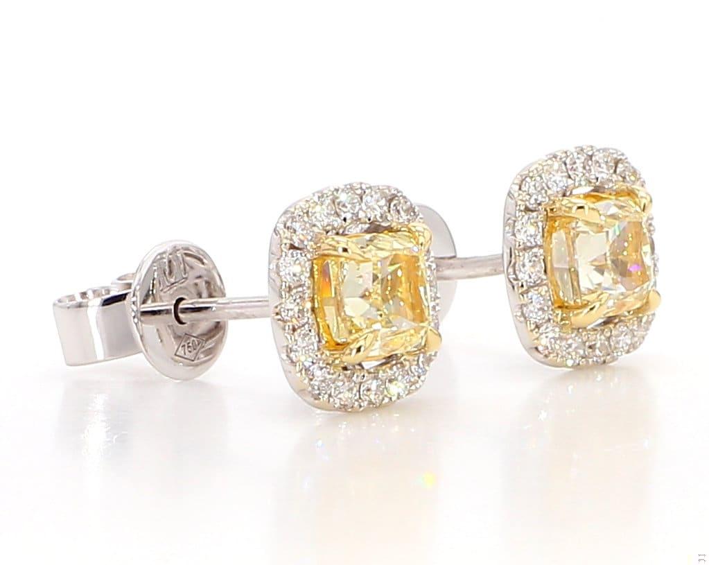 Natural Yellow Cushion and White Diamond 1.74 Carat TW Gold Stud Earrings