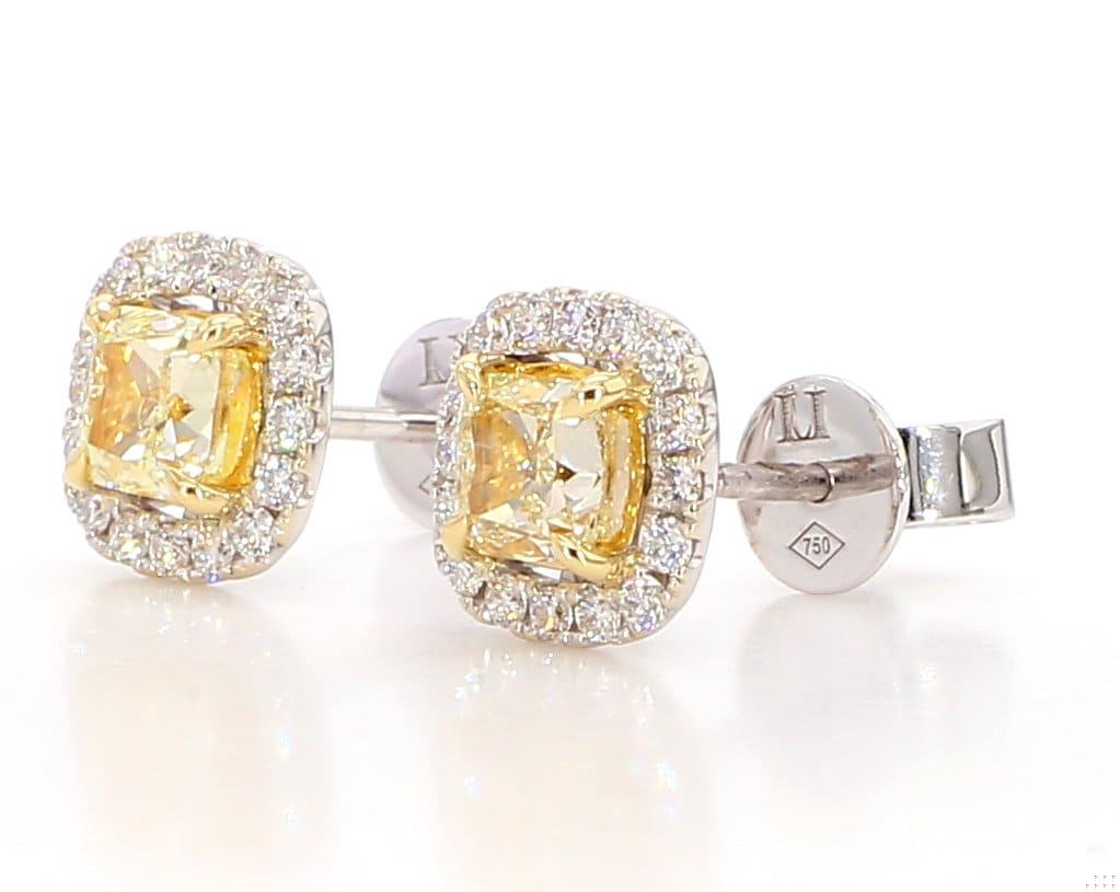 Natural Yellow Cushion and White Diamond 1.74 Carat TW Gold Stud Earrings