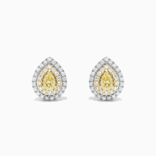 Natural Yellow Pear and White Diamond 1.14 Carat TW Gold Stud Earrings