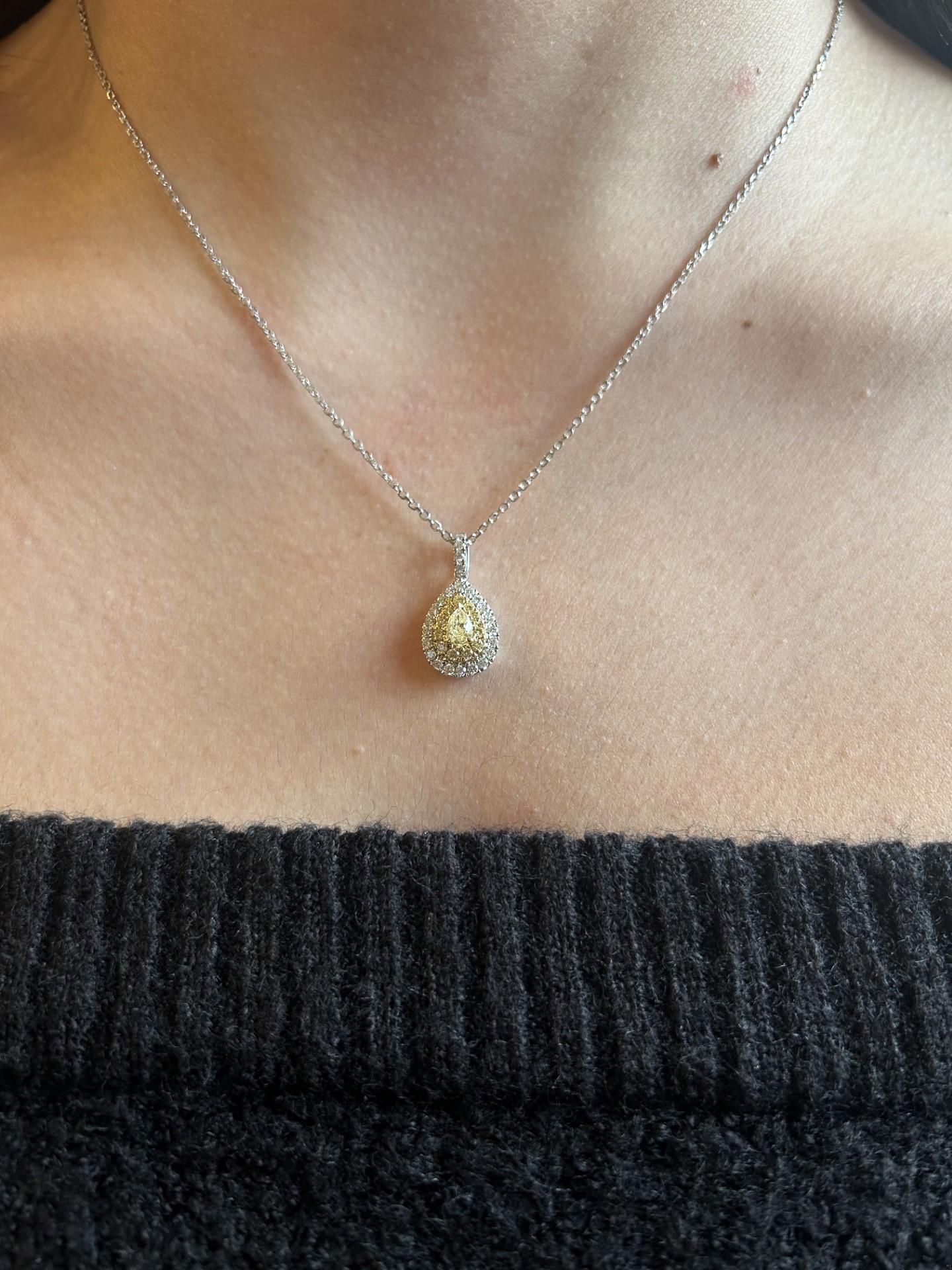 Natural Yellow Pear and White Diamond .77 Carat TW Gold Drop Pendant