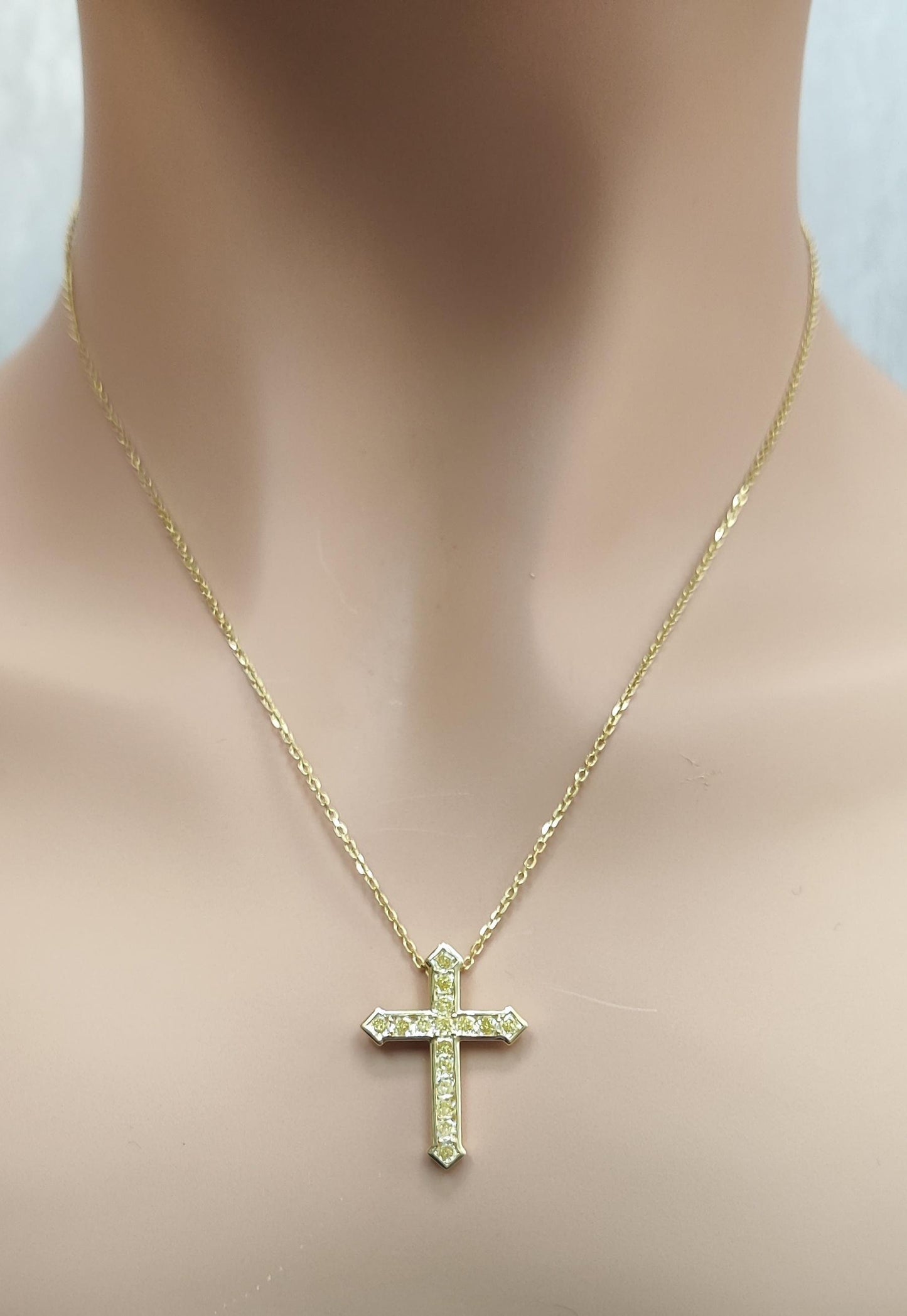 Natural Yellow Radiant Diamond 1.22 Carat TW Yellow Gold Cross Pendant