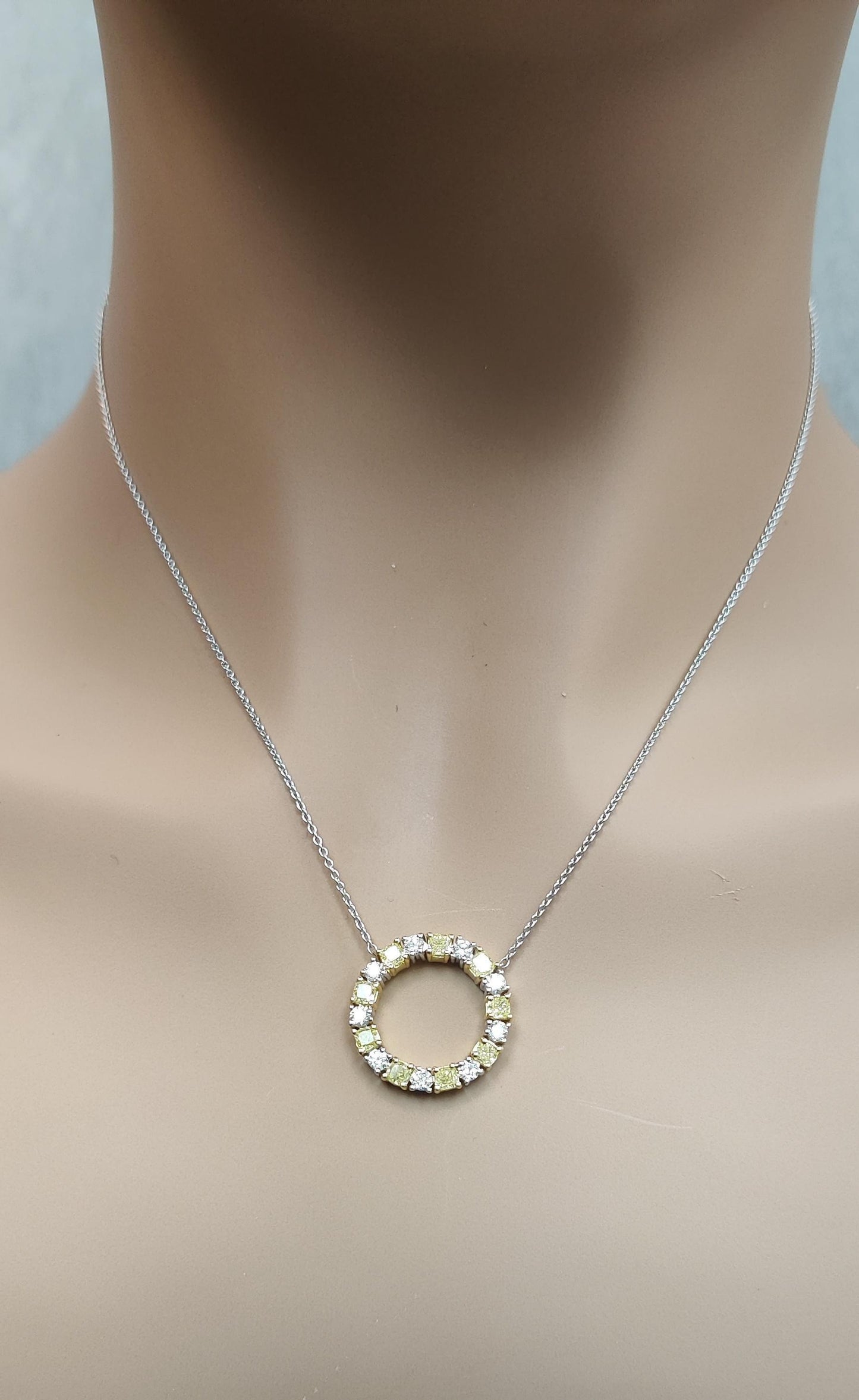Natural Yellow Radiant and White Diamond 1.47 Carat TW Gold Circle Pendant