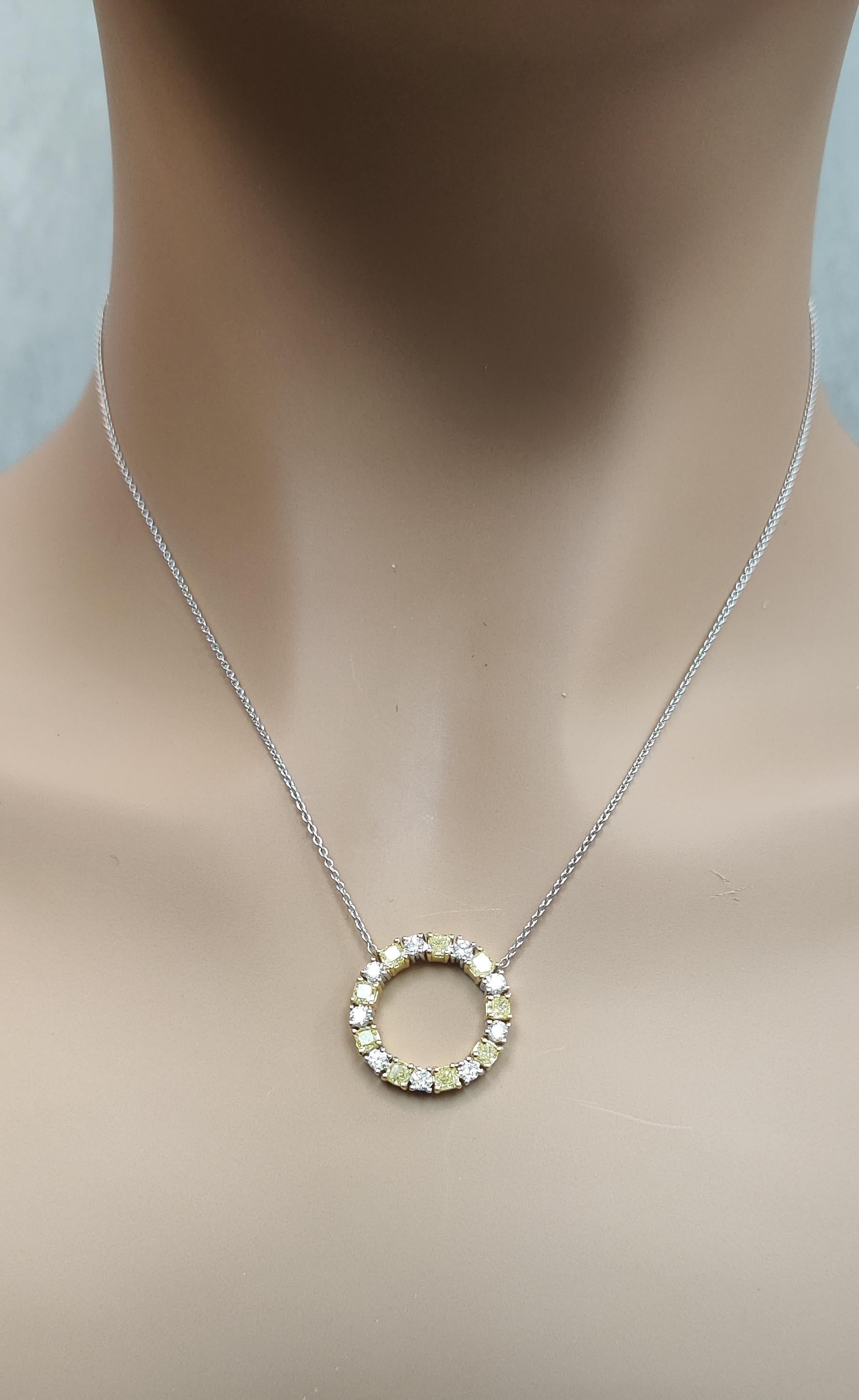 Natural Yellow Radiant and White Diamond 1.47 Carat TW Gold Circle Pendant