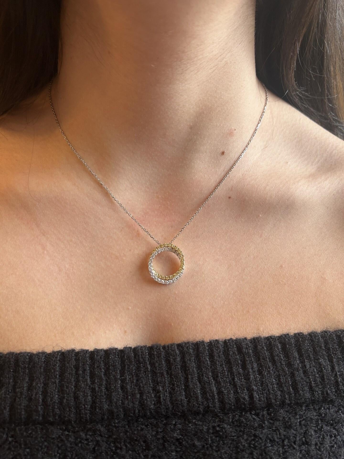 Natural Yellow Round and White Diamond 1.24 Carat TW Gold Drop Pendant