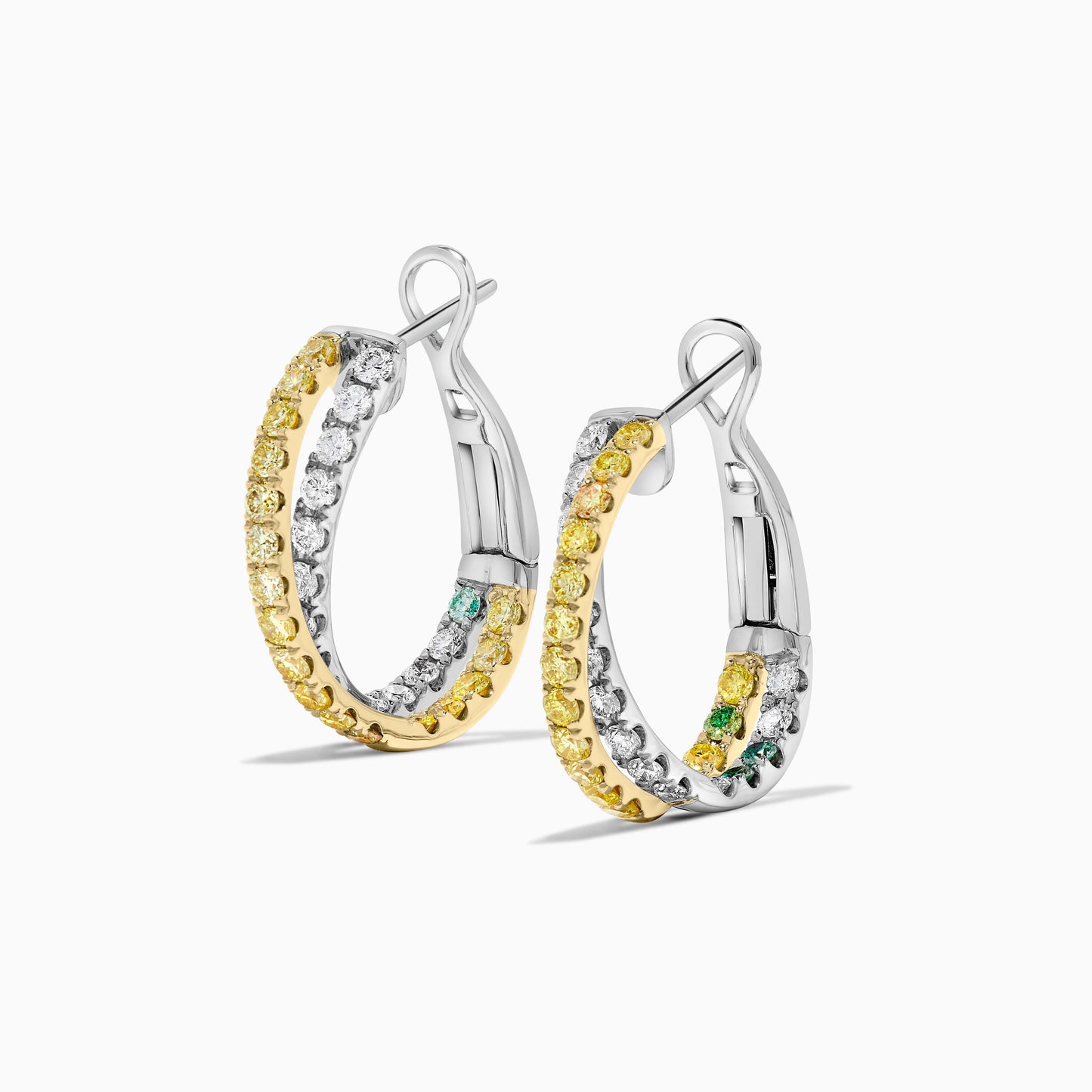 Natural Yellow Round and White Diamond 1.74 Carat TW Gold Hoop Earrings
