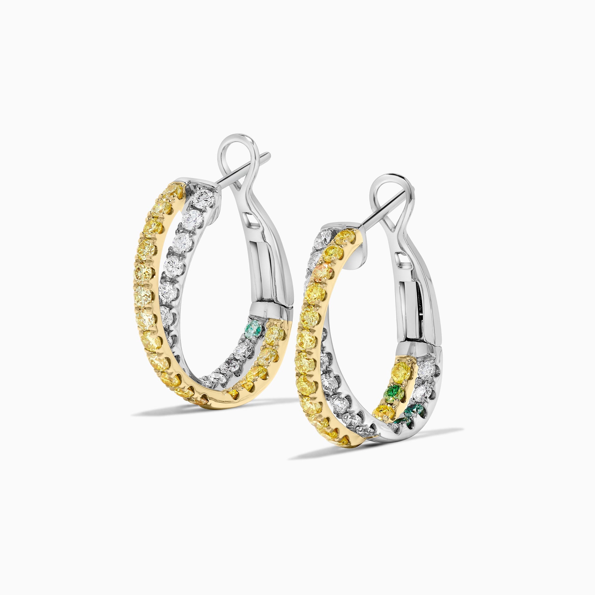 Natural Yellow Round and White Diamond 1.74 Carat TW Gold Hoop Earrings