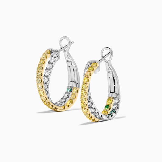 Natural Yellow Round and White Diamond 1.74 Carat TW Gold Hoop Earrings