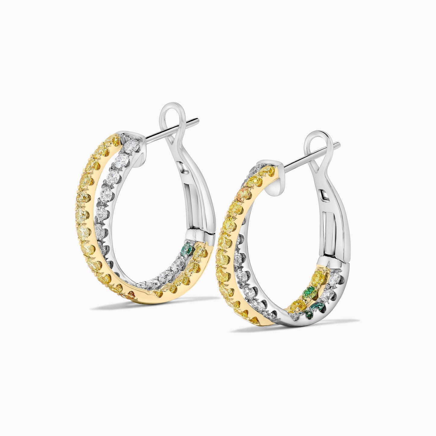Natural Yellow Round and White Diamond 1.74 Carat TW Gold Hoop Earrings