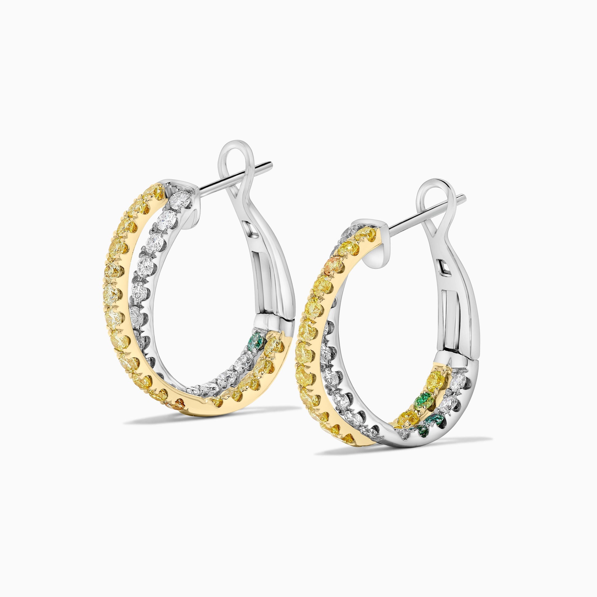 Natural Yellow Round and White Diamond 1.74 Carat TW Gold Hoop Earrings