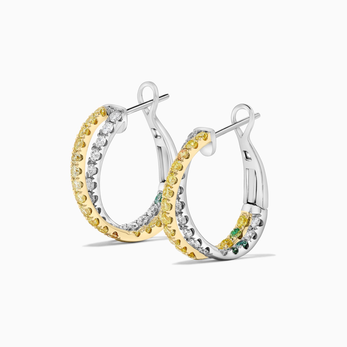 Natural Yellow Round and White Diamond 1.74 Carat TW Gold Hoop Earrings
