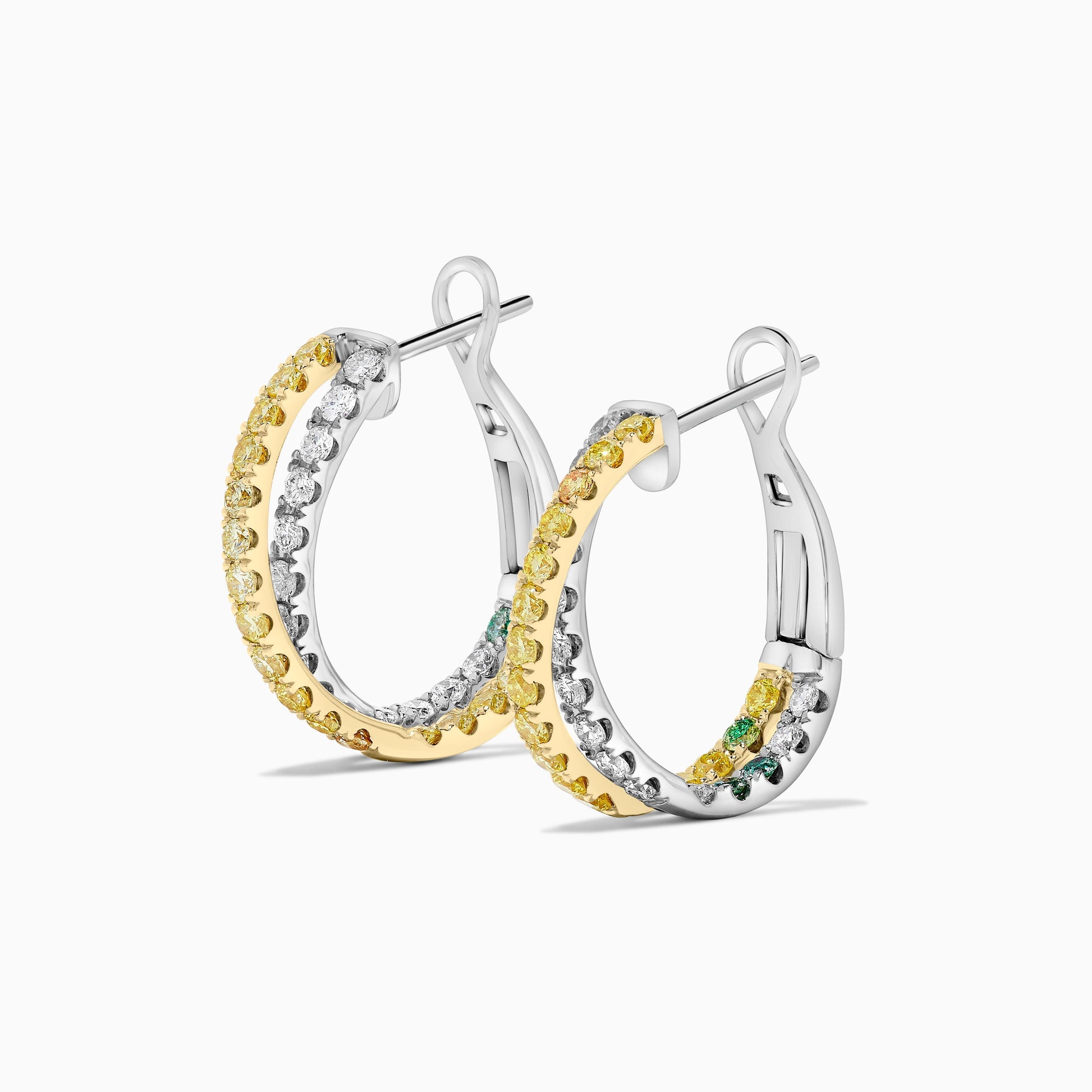 Natural Yellow Round and White Diamond 1.74 Carat TW Gold Hoop Earrings