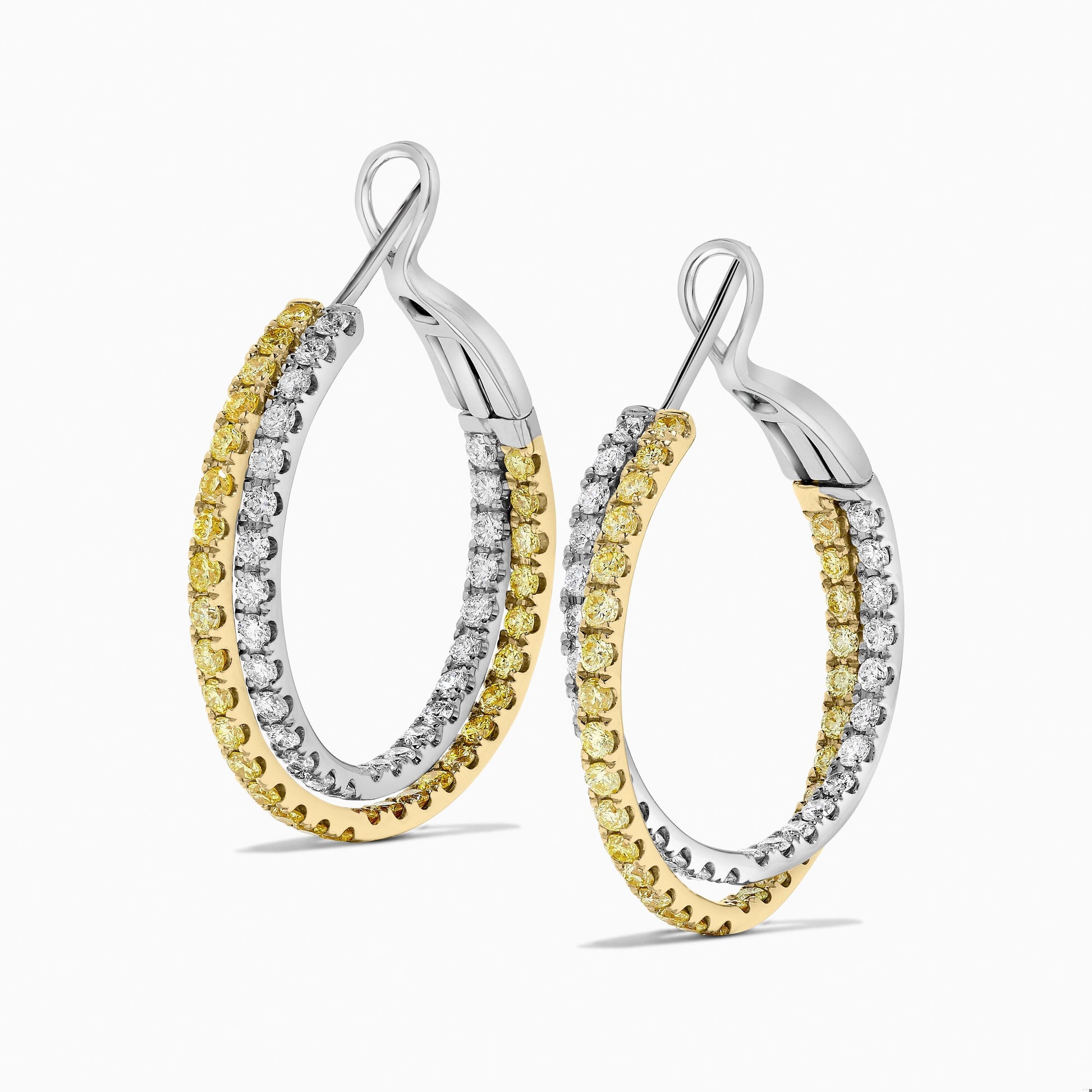 Natural Yellow Round and White Diamond 2.62 Carat TW Gold Hoop Earrings