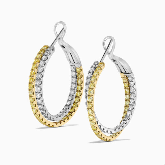 Natural Yellow Round and White Diamond 2.62 Carat TW Gold Hoop Earrings