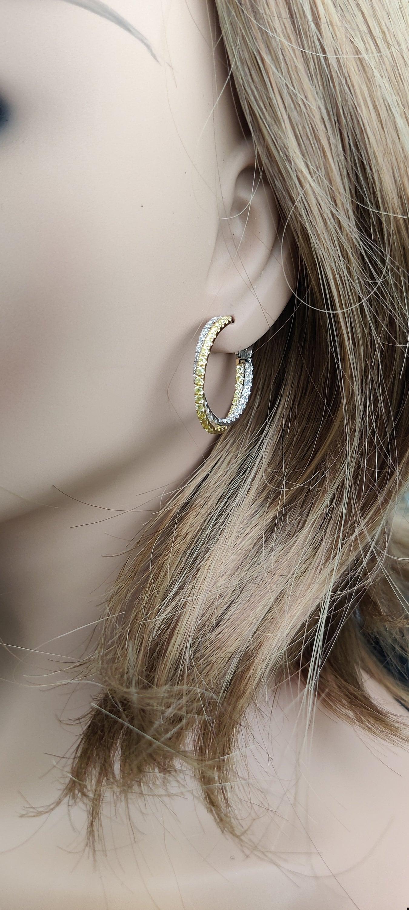 Natural Yellow Round and White Diamond 2.62 Carat TW Gold Hoop Earrings