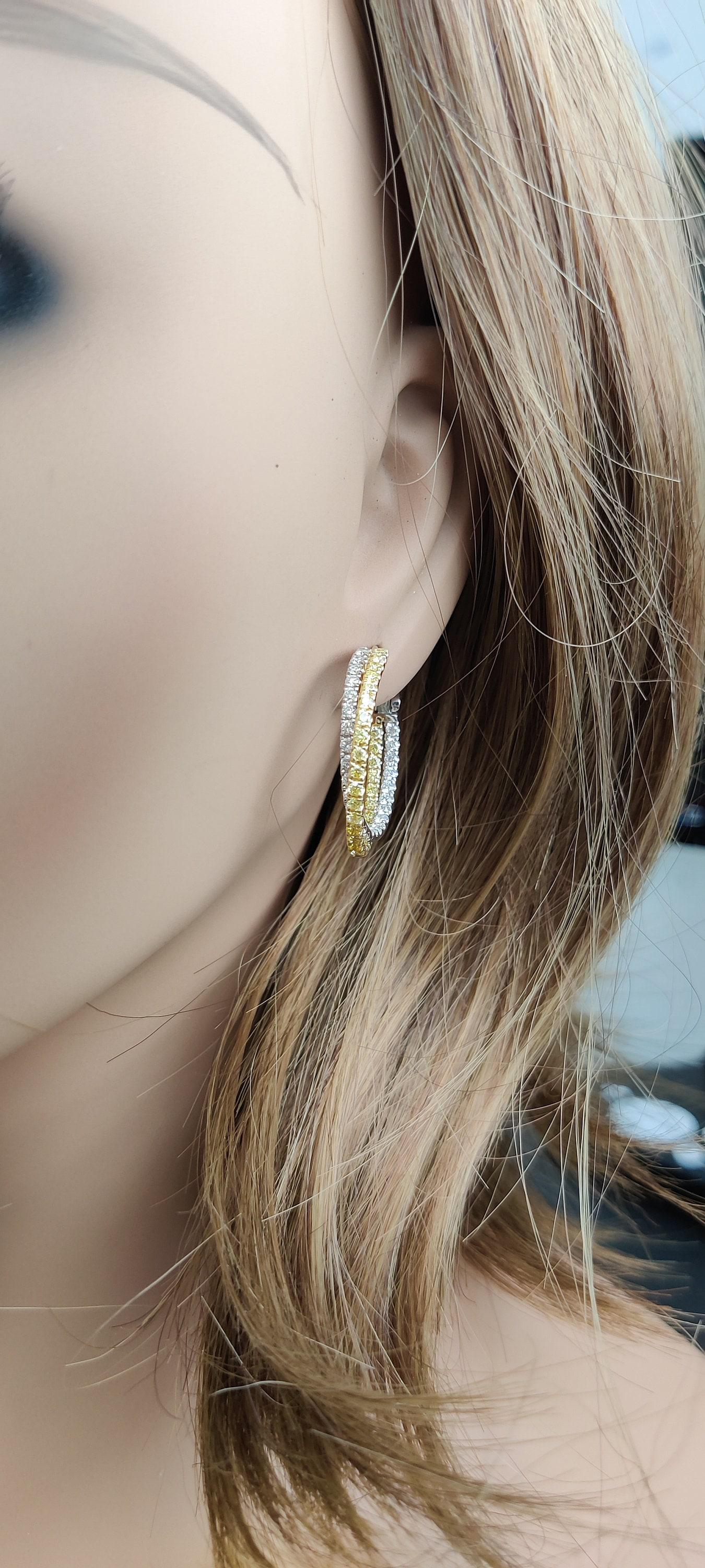 Natural Yellow Round and White Diamond 2.62 Carat TW Gold Hoop Earrings