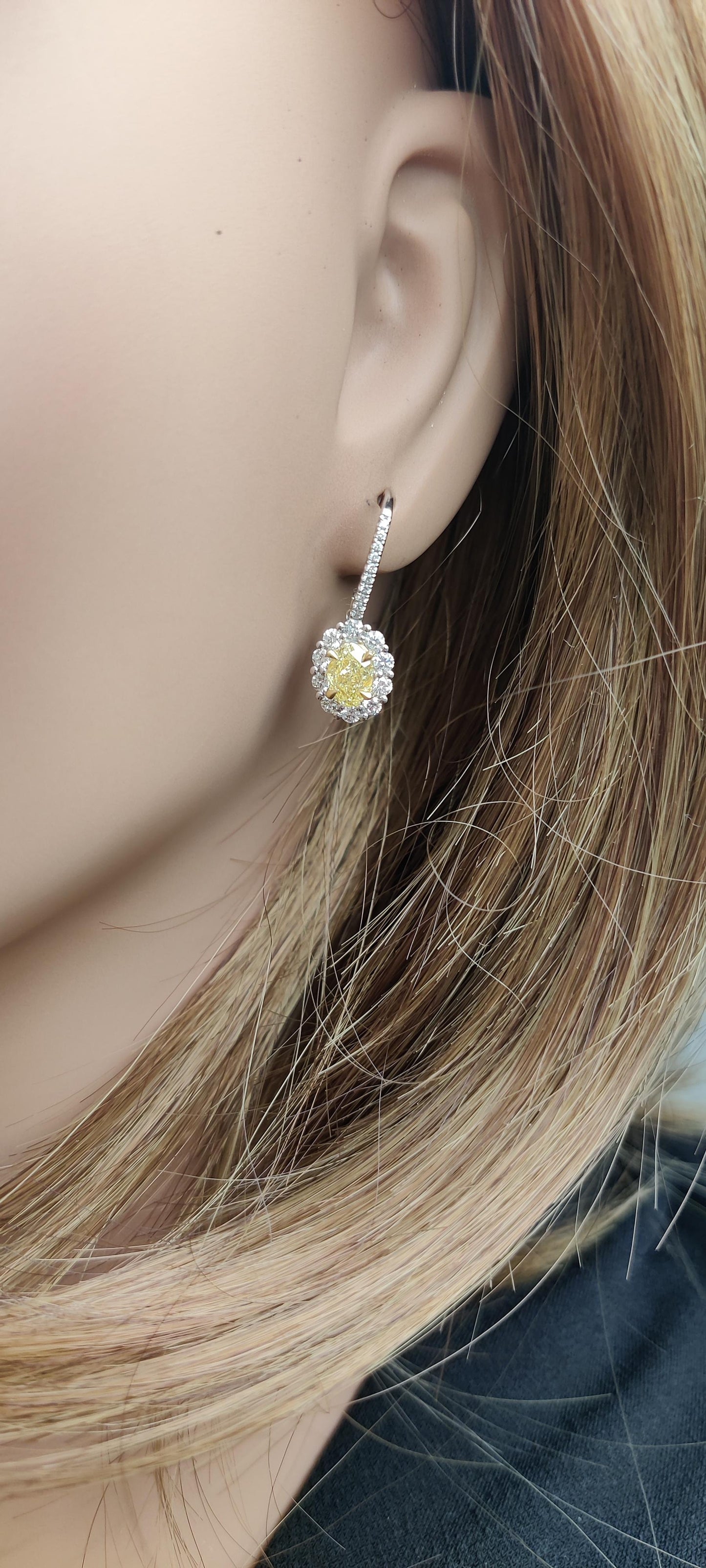 Natural Yellow Oval Diamond 2.19 Carat TW Gold Drop Earrings