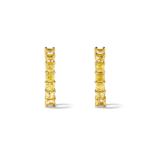 Natural Yellow Cushion Diamond 3.19 Carat TW Yellow Gold Hoop Earrings