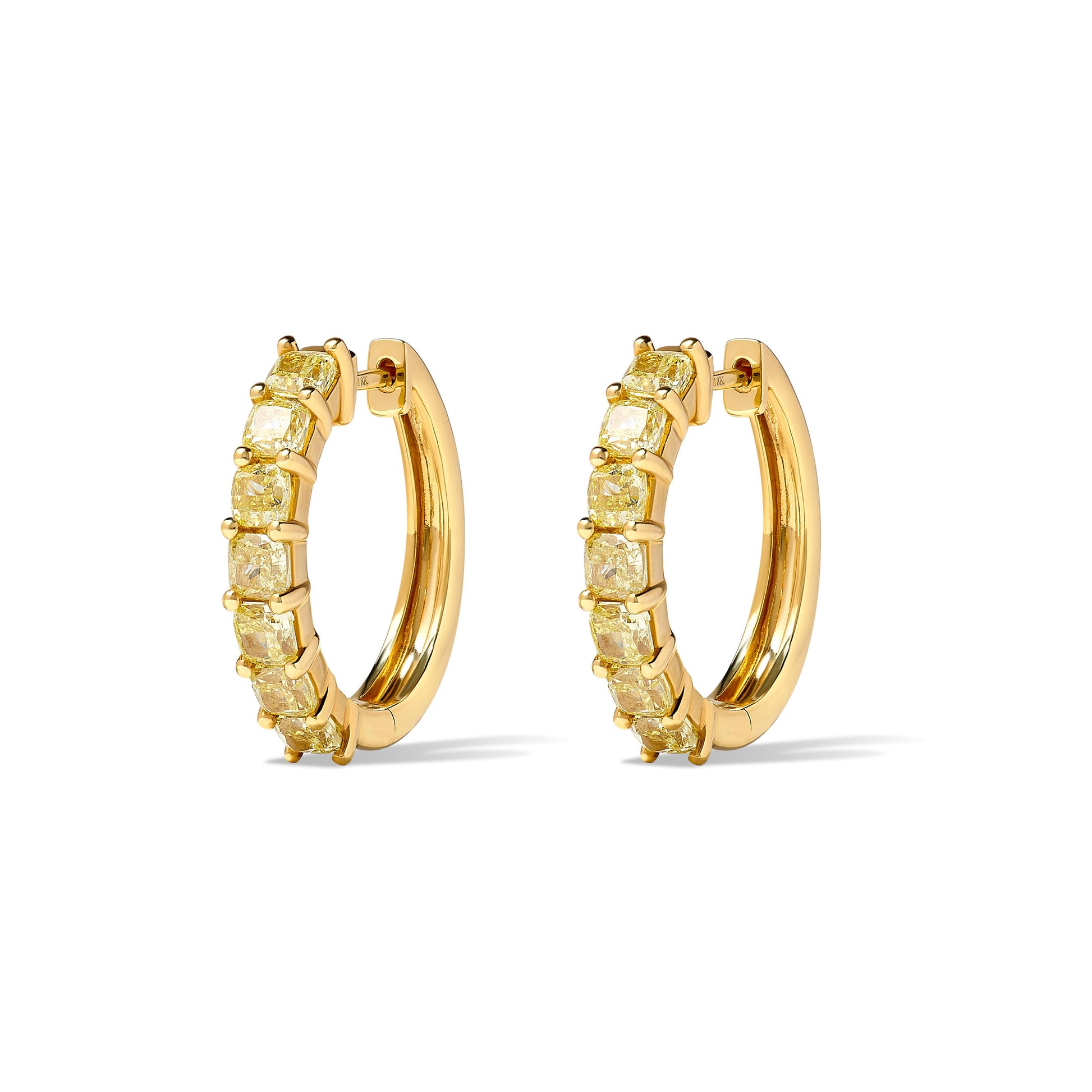 Natural Yellow Cushion Diamond 3.19 Carat TW Yellow Gold Hoop Earrings
