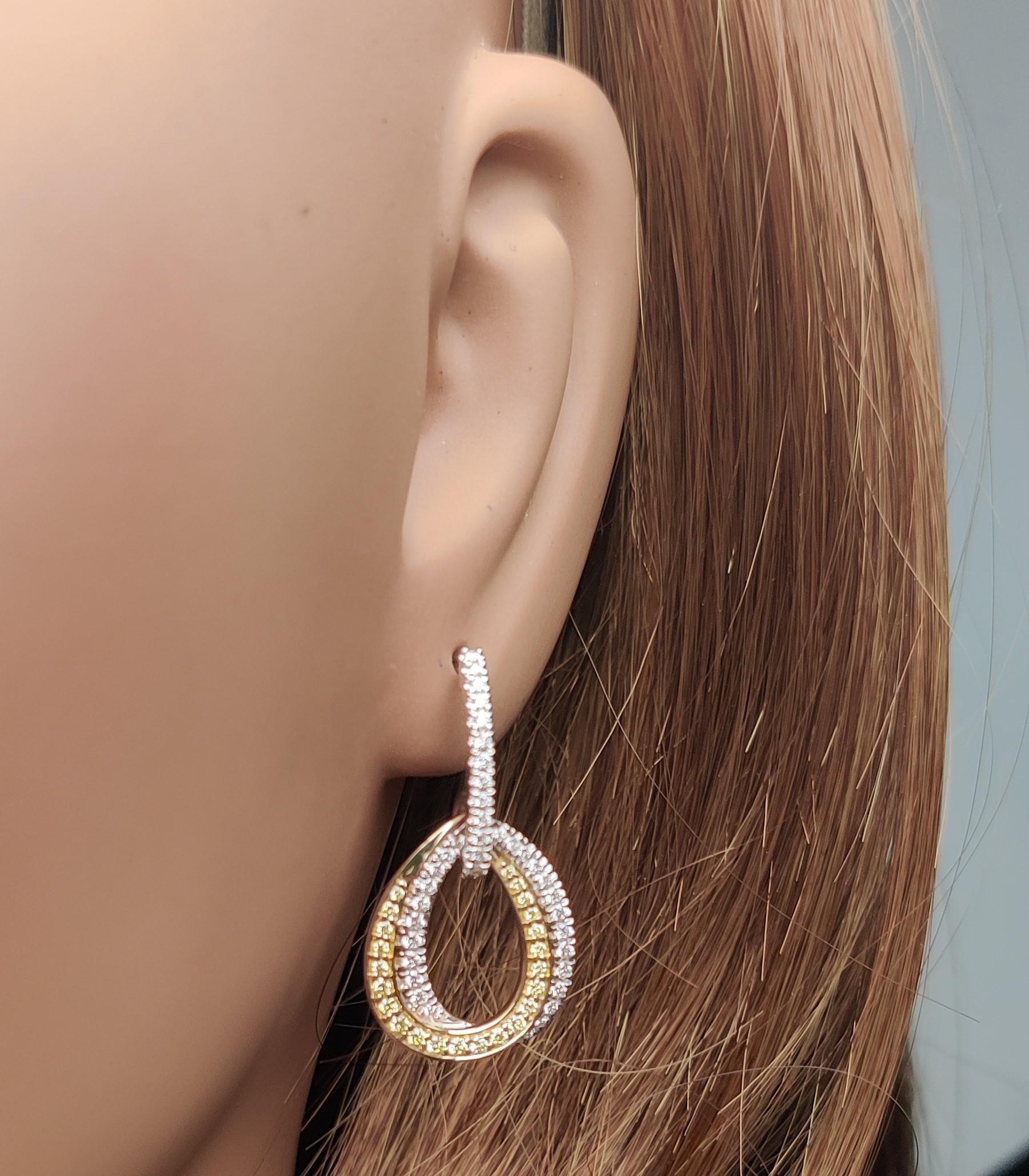 Natural Yellow Round and White Diamond 0.79 Carat TW Gold Drop Earrings