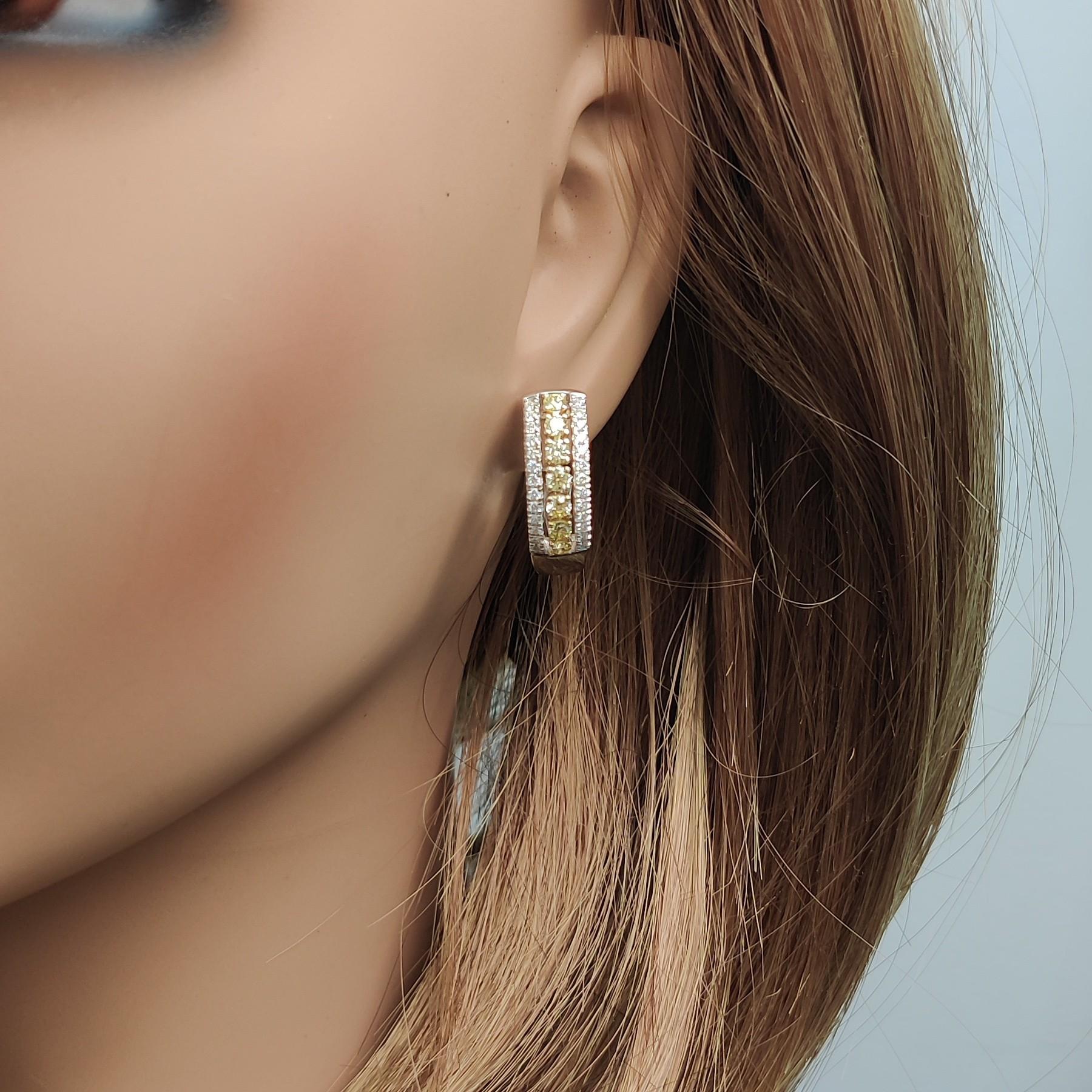 Natural Yellow Round Diamond 1.26 Carat TW Gold Hoop Earrings