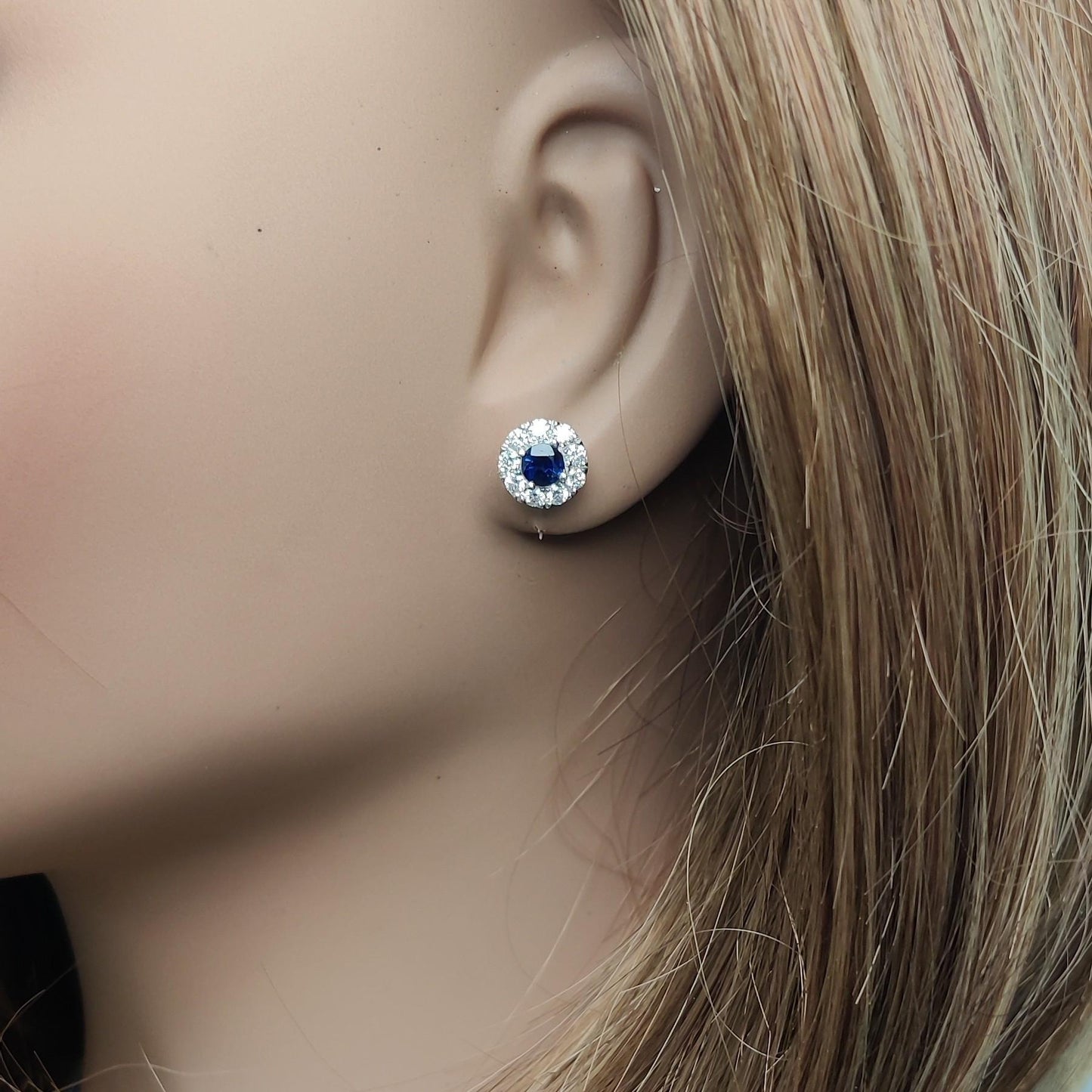 Natural Blue Round Sapphire and Diamond 1.36 Carat TW Gold Stud Earrings