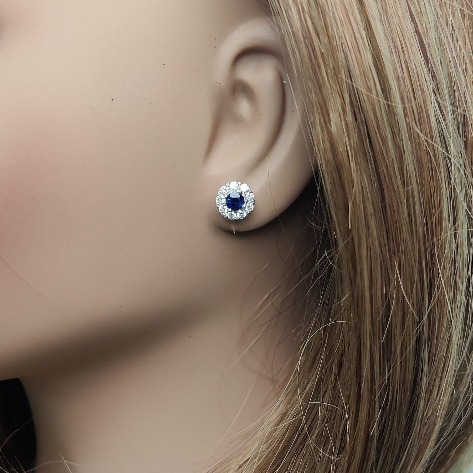 Natural Blue Round Sapphire and Diamond 1.36 Carat TW Gold Stud Earrings