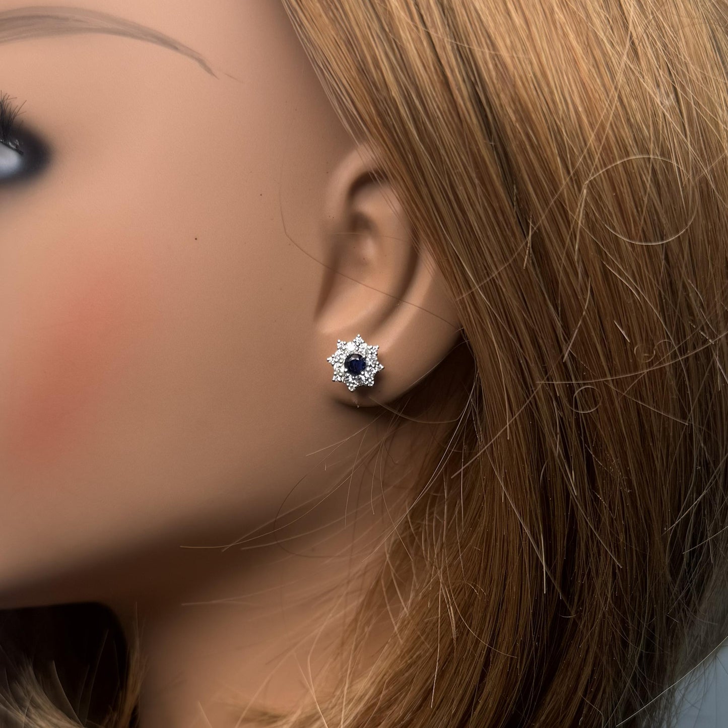 Natural Blue Round Sapphire and Diamond 1.26 Carat TW Gold Stud Earrings