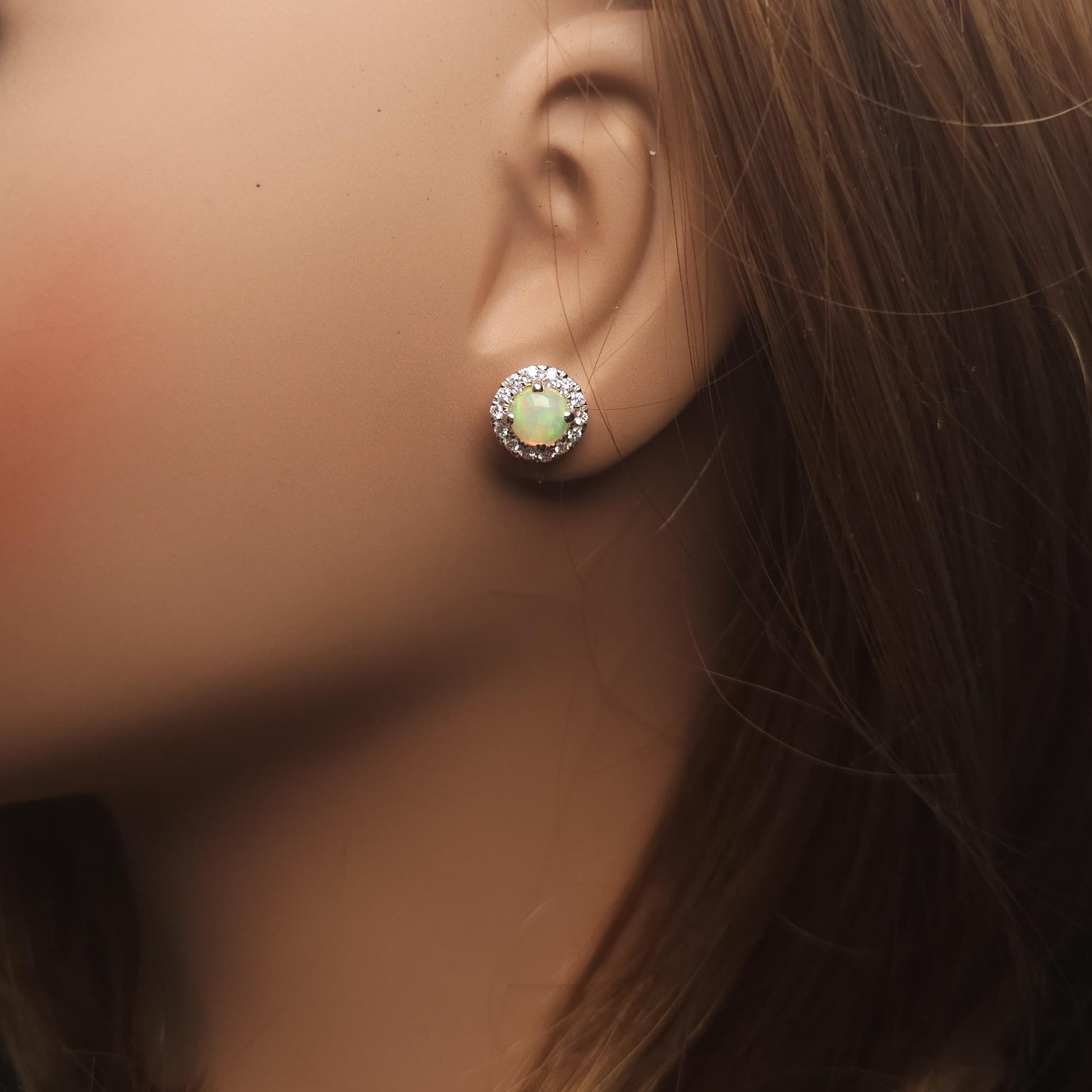 Natural Round Opal and White Diamond 1.86 Carat TW White Gold Stud Earrings