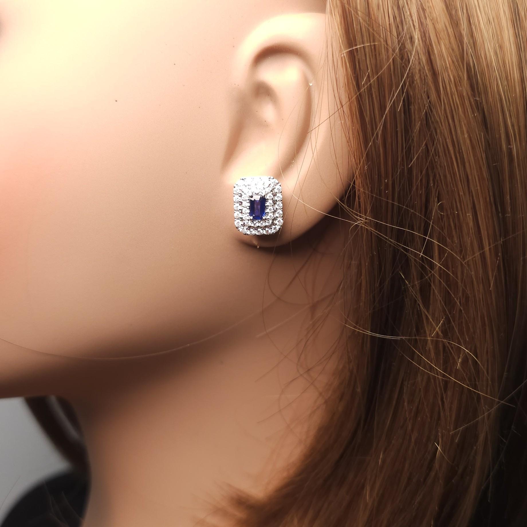 Natural Blue Emerald Cut Sapphire and Diamond 1.21 Carat TW Gold Earrings
