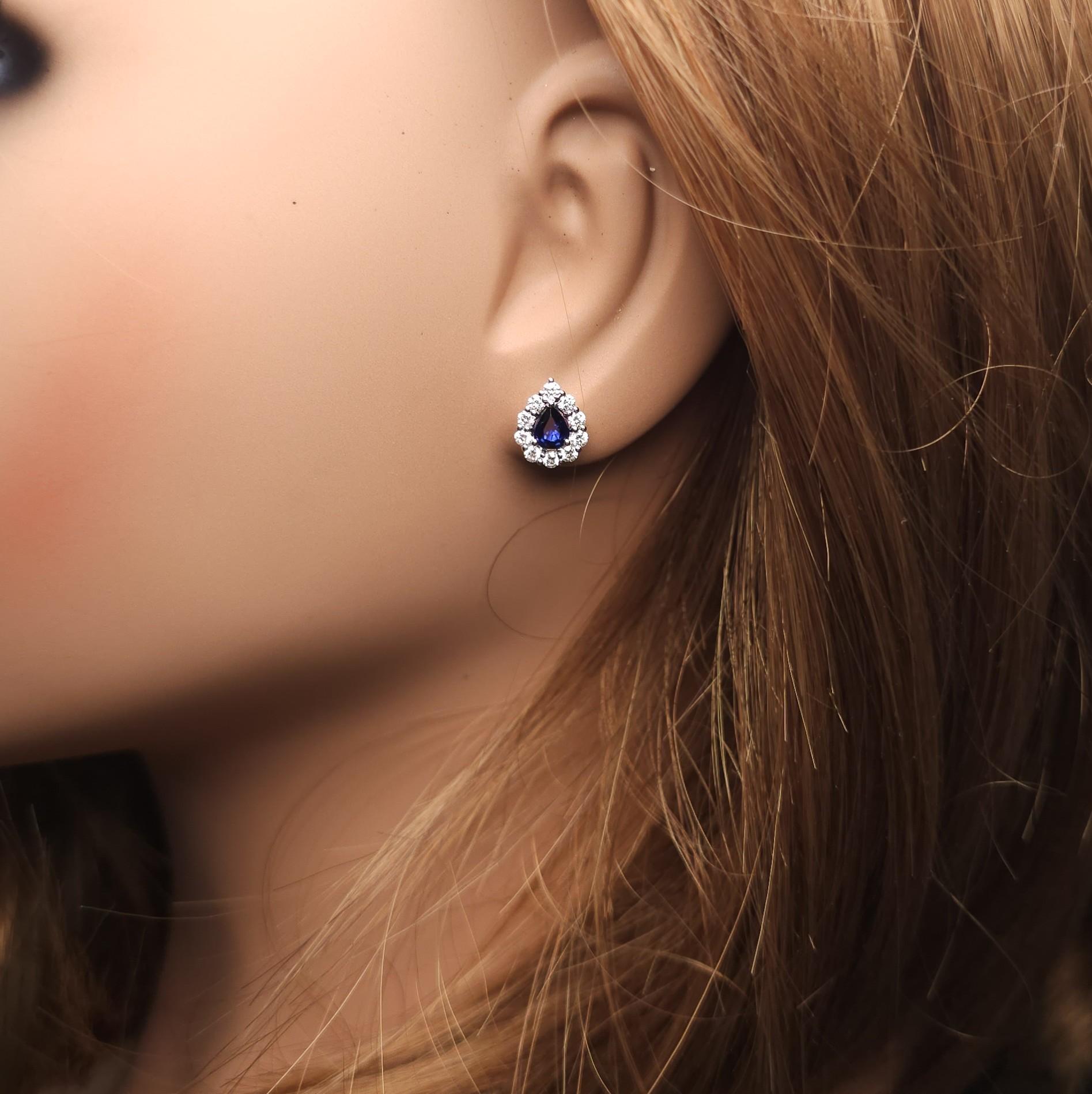 Natural Blue Pear Sapphire and White Diamond 1.29 Carat TW Gold Stud Earrings